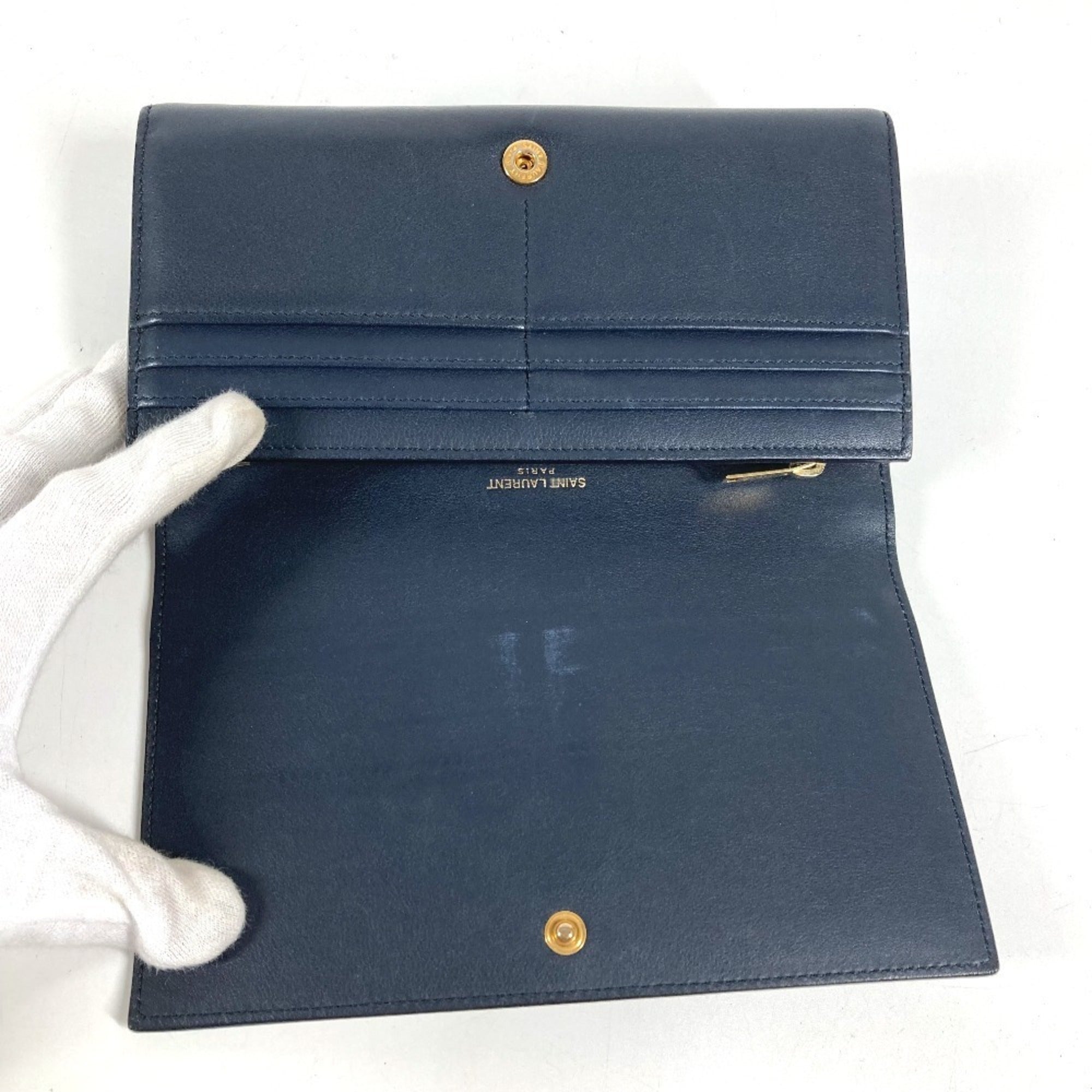 Yves Saint Laurent Navy Leather Long Wallet (Tri-Fold) (Pre-Owned)