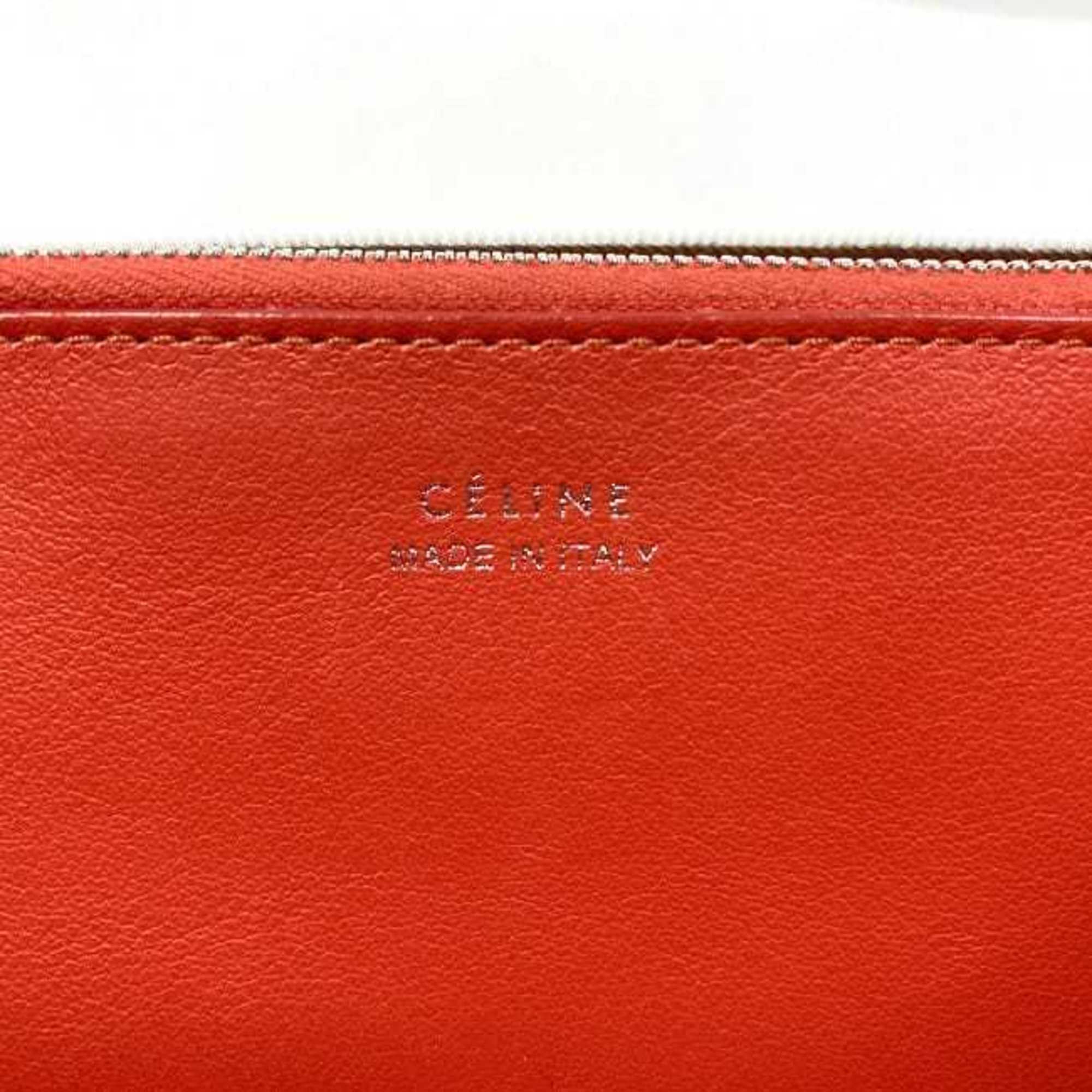 Celine Beige Red Color Silver Leather Long Wallet (Bi-Fold) (Pre-Owned)