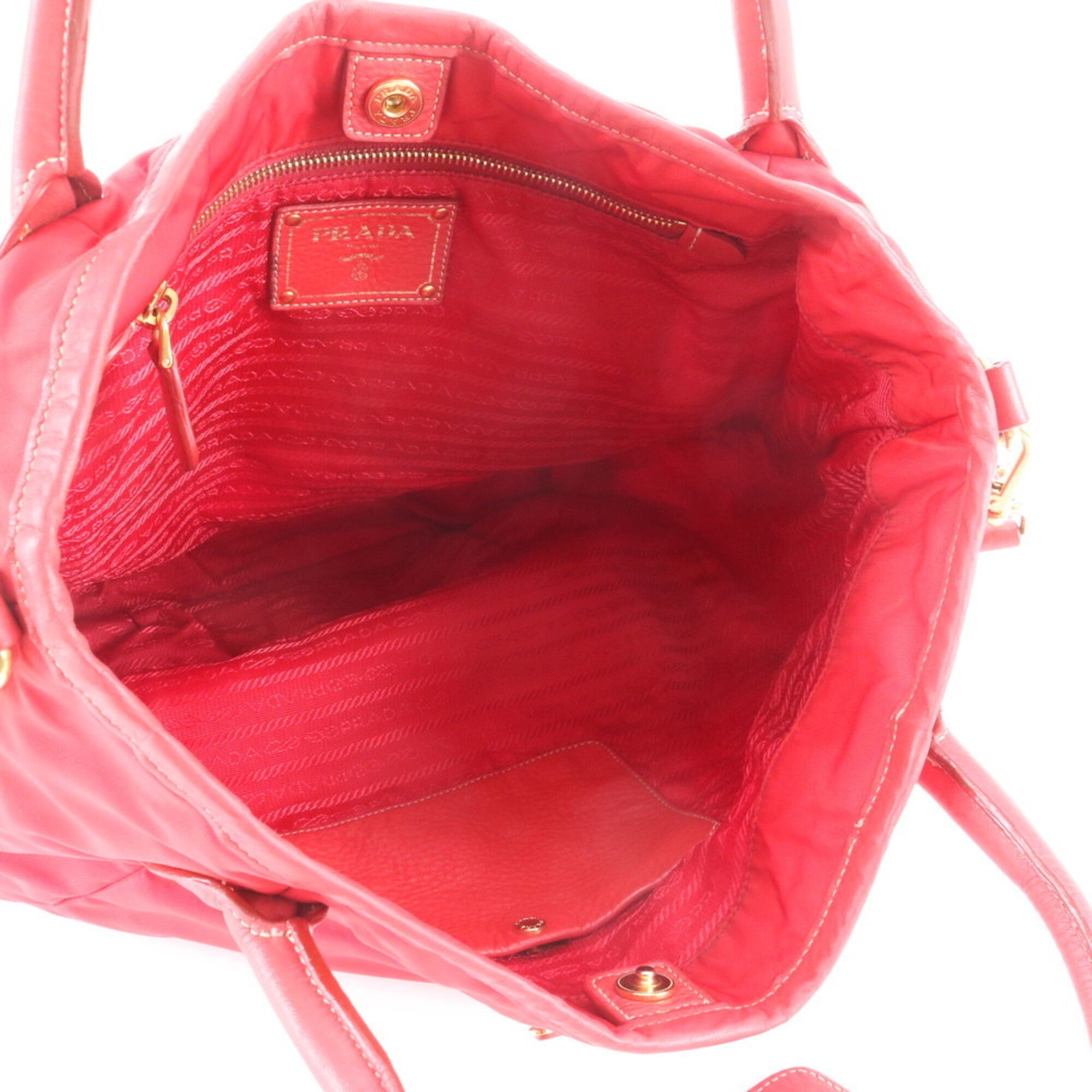 Prada Red Color Nylon Leather Shoulder Bag Tote Bag (Pre-Owned)