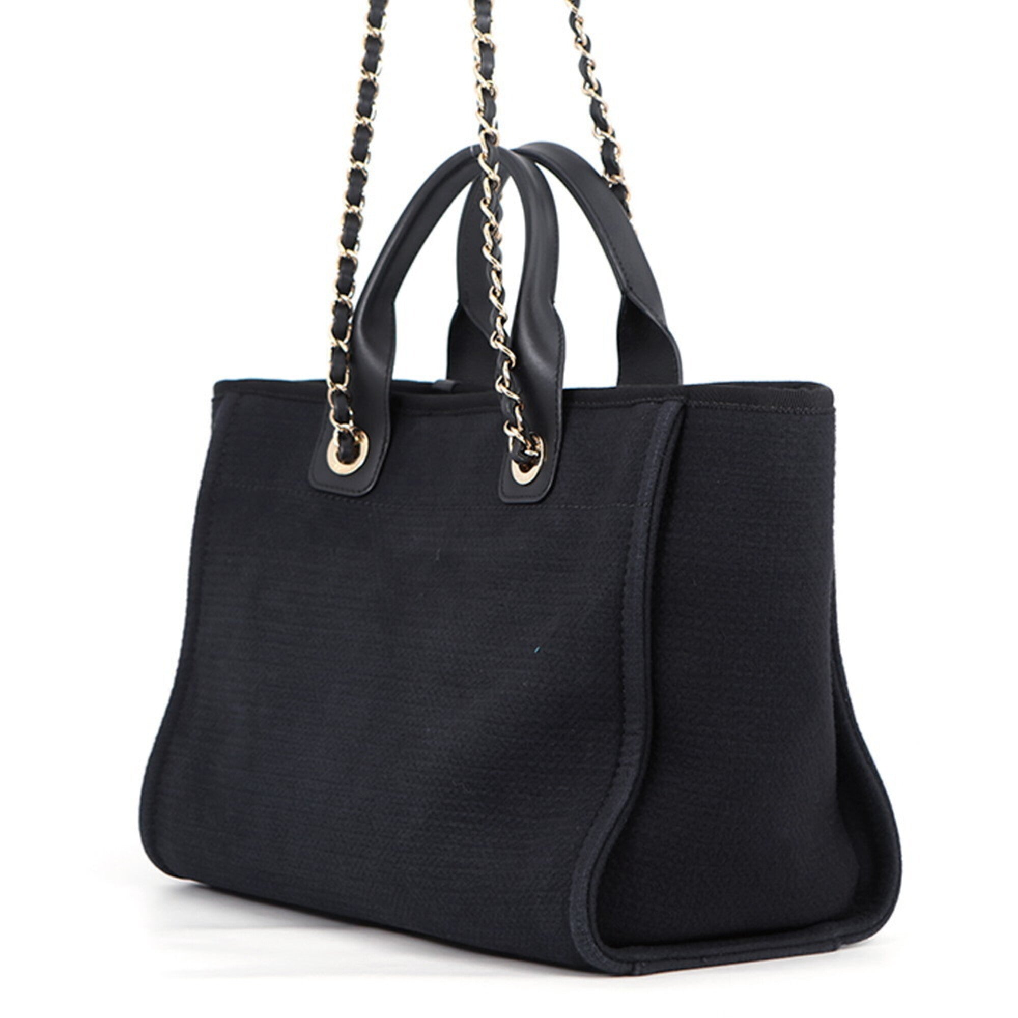 Chanel Black Canvas Leather Handbag Pouch Shopping Bag Tote Bag (Pre-Owned)