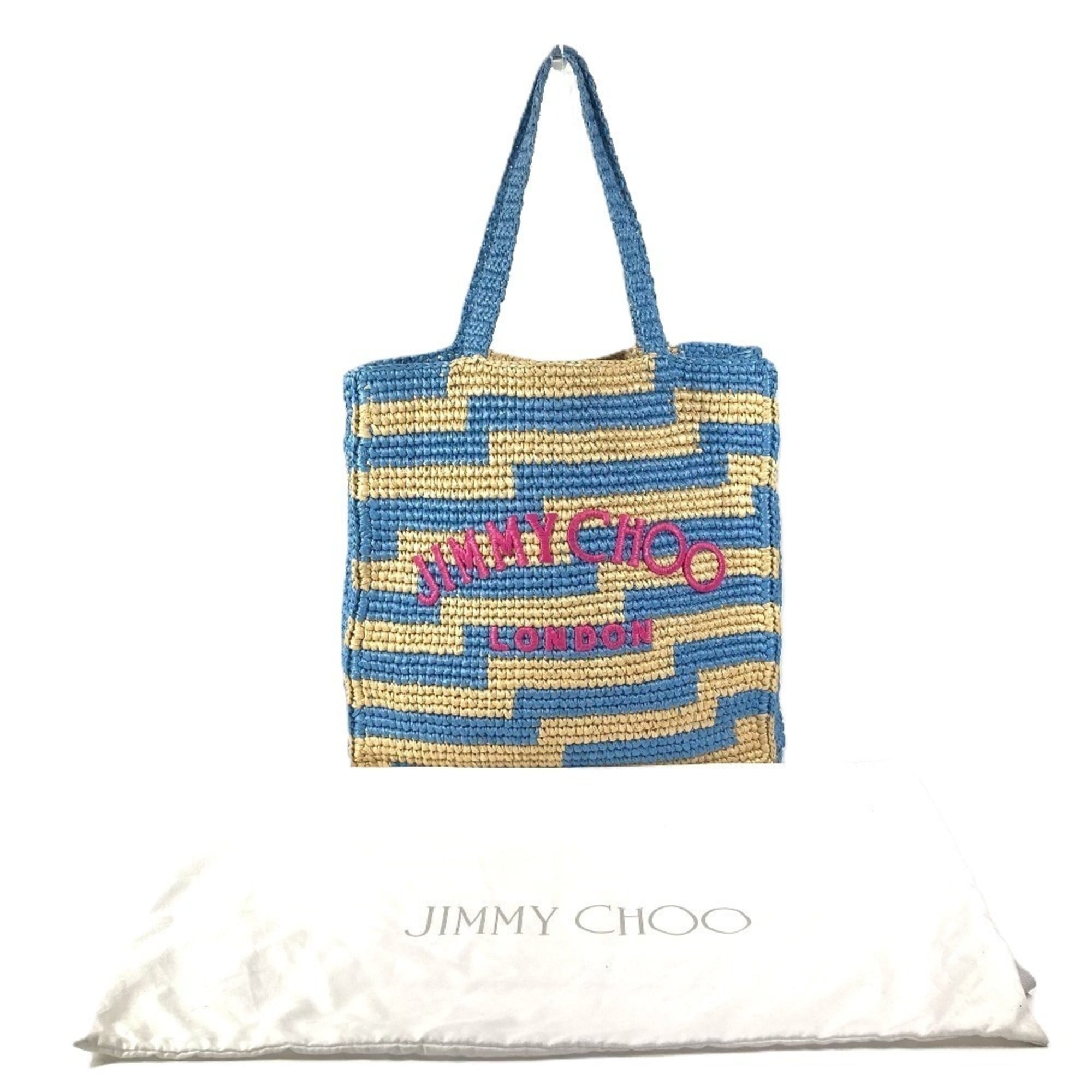 Jimmy Choo Beige Blue Pink Raffia Shoulder Bag Tote Bag (Pre-Owned)
