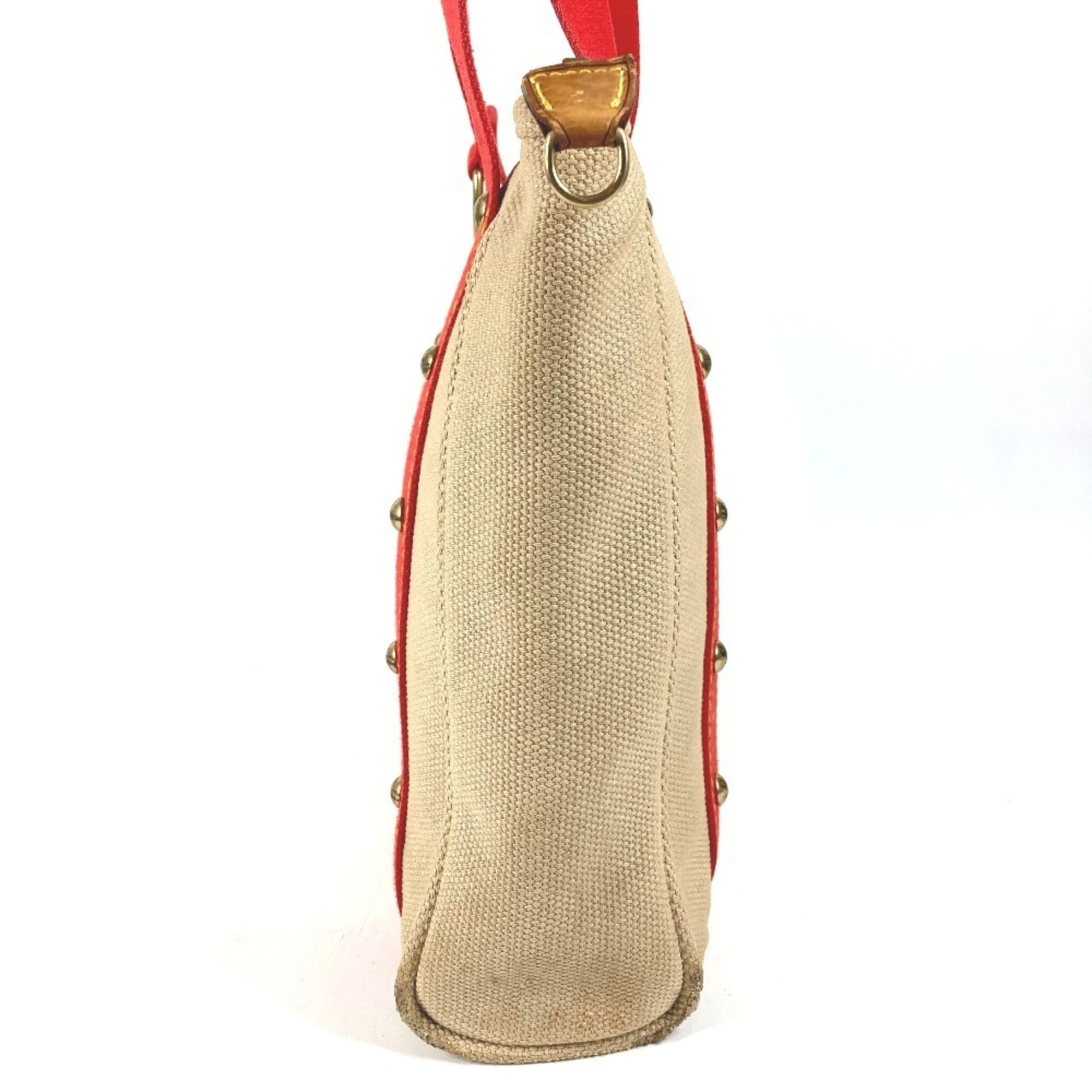 Louis Vuitton Beige Red Color Canvas Leather Shoulder Bag Tote Bag (Pre-Owned)