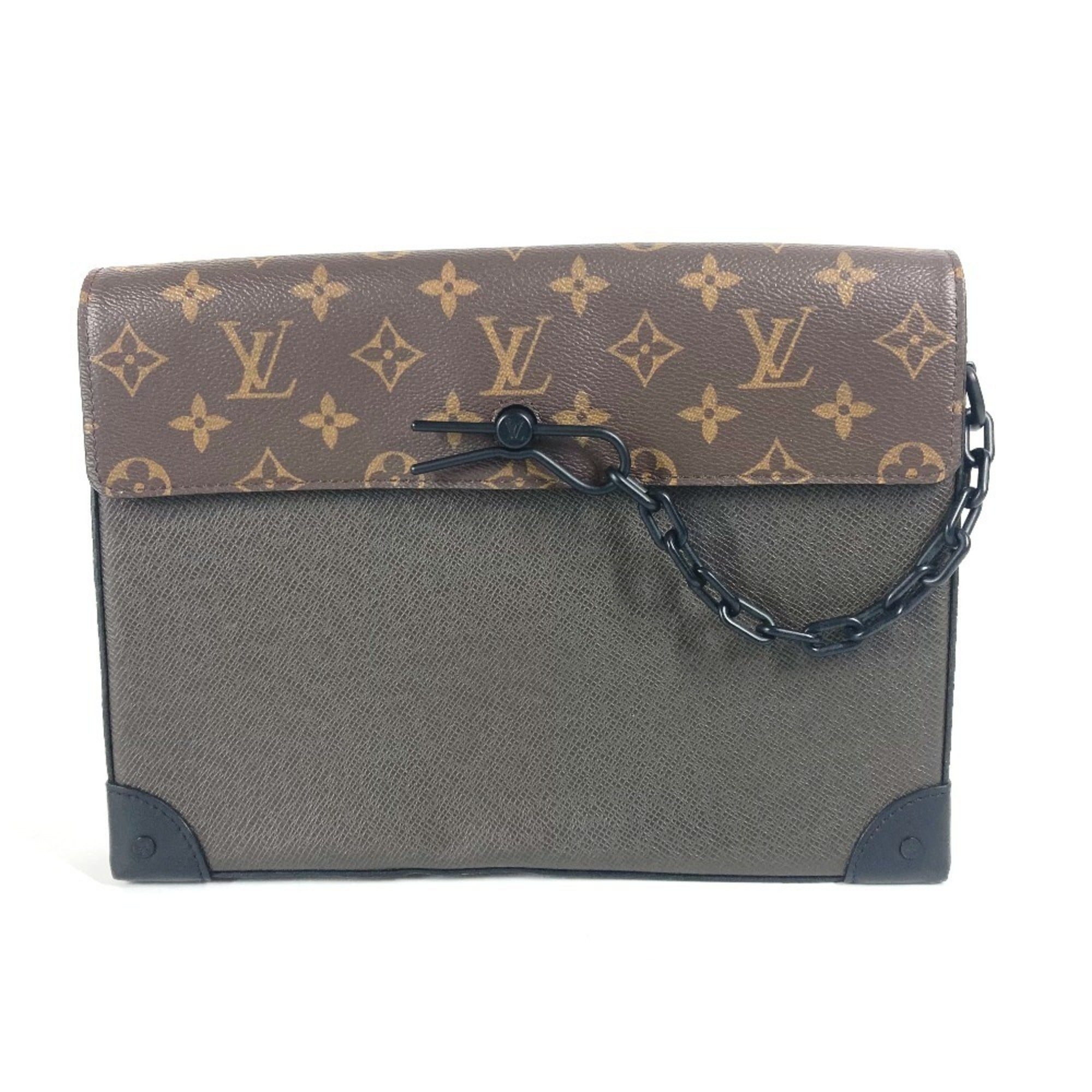 Louis Vuitton Brown Khaki Taiga Leather Leather Monogram Canvas Clutch Bag Pochette Pouch (Pre-Owned)