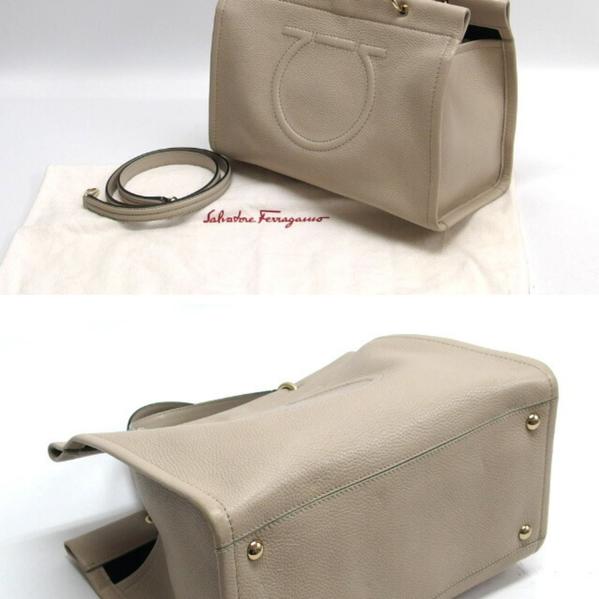 Salvatore Ferragamo Light Beige Leather Handbag Shoulder Bag Tote Bag (Pre-Owned)
