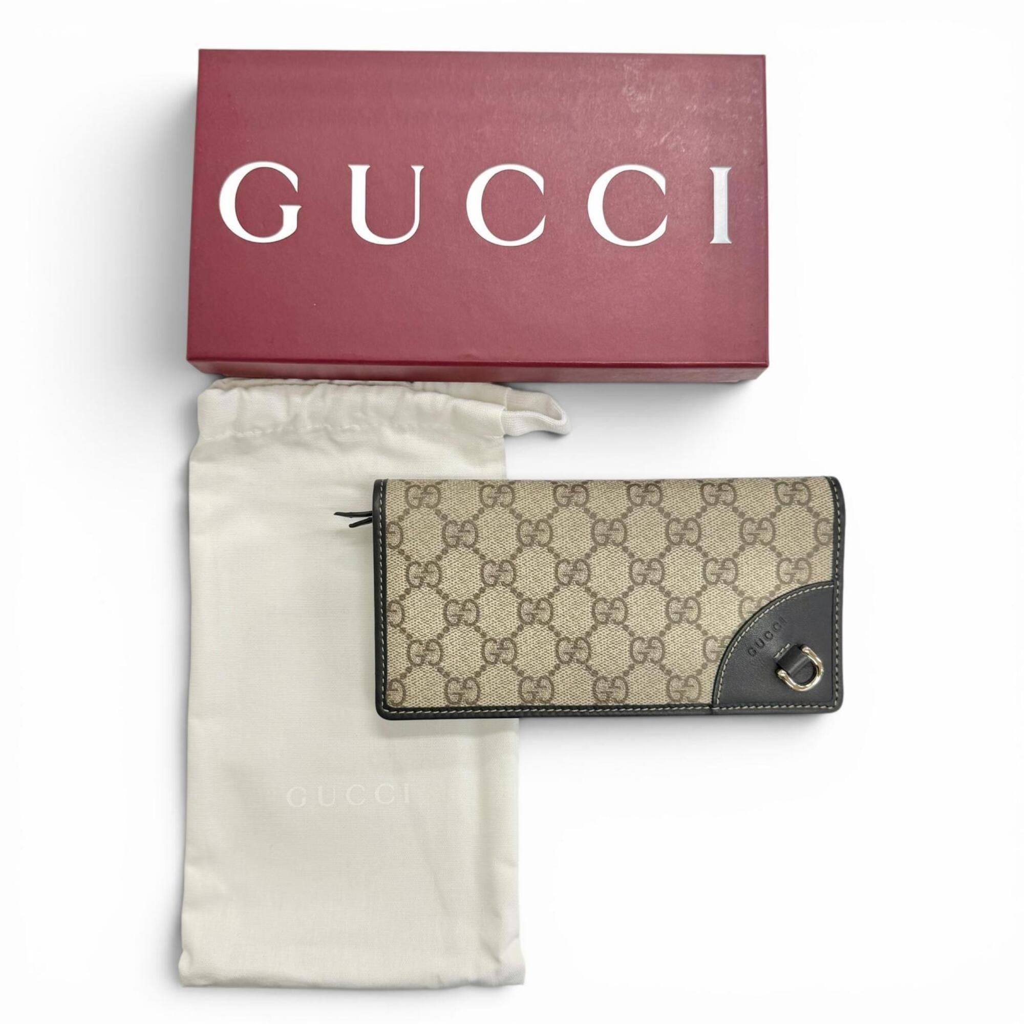 Gucci Beige Black Gg Canvas Leather Long Wallet (Bi-Fold) (Pre-Owned)