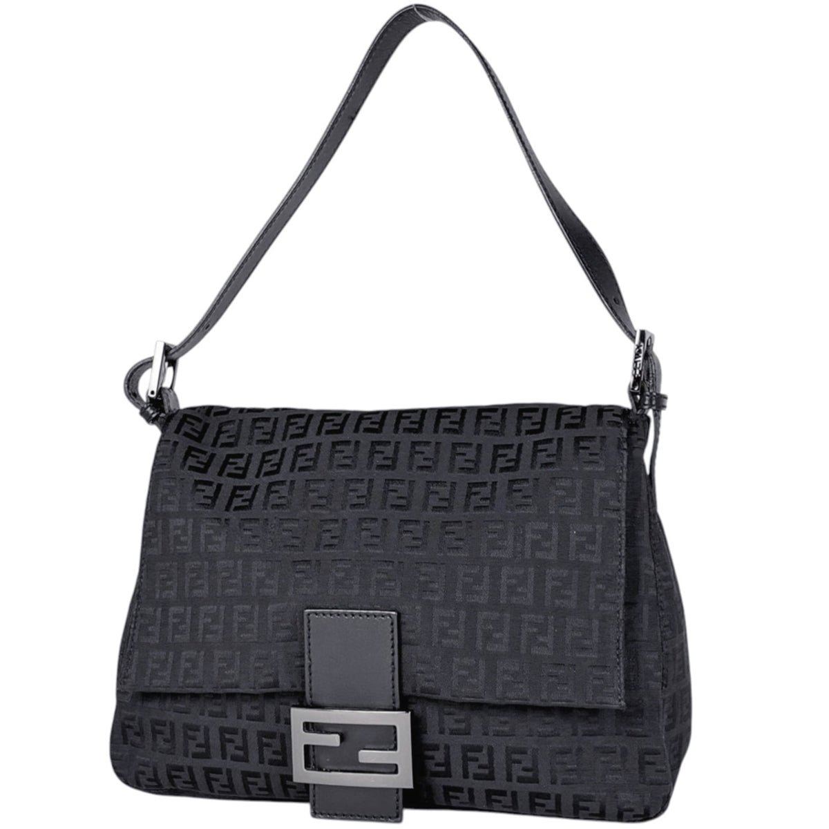 Fendi Zucchino Black Canvas Leather Shoulder Bag (Pre-Owned)