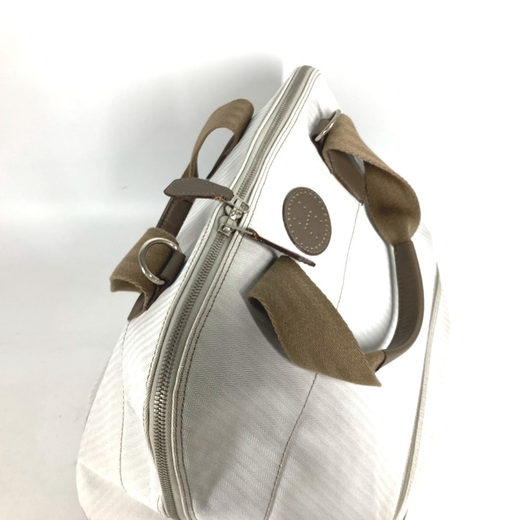 Hermes Beige Etoupe Gray White Toile Chevron Leather Boston Bag Handbag (Pre-Owned)