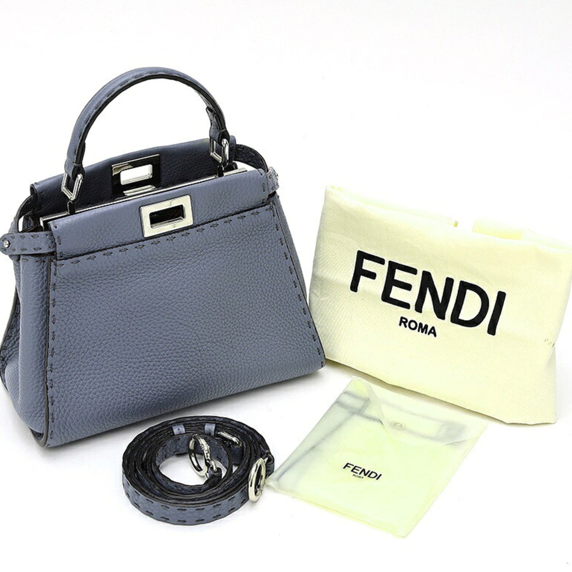 Fendi Blue Gray Leather Shoulder Bag (Pre-Owned)