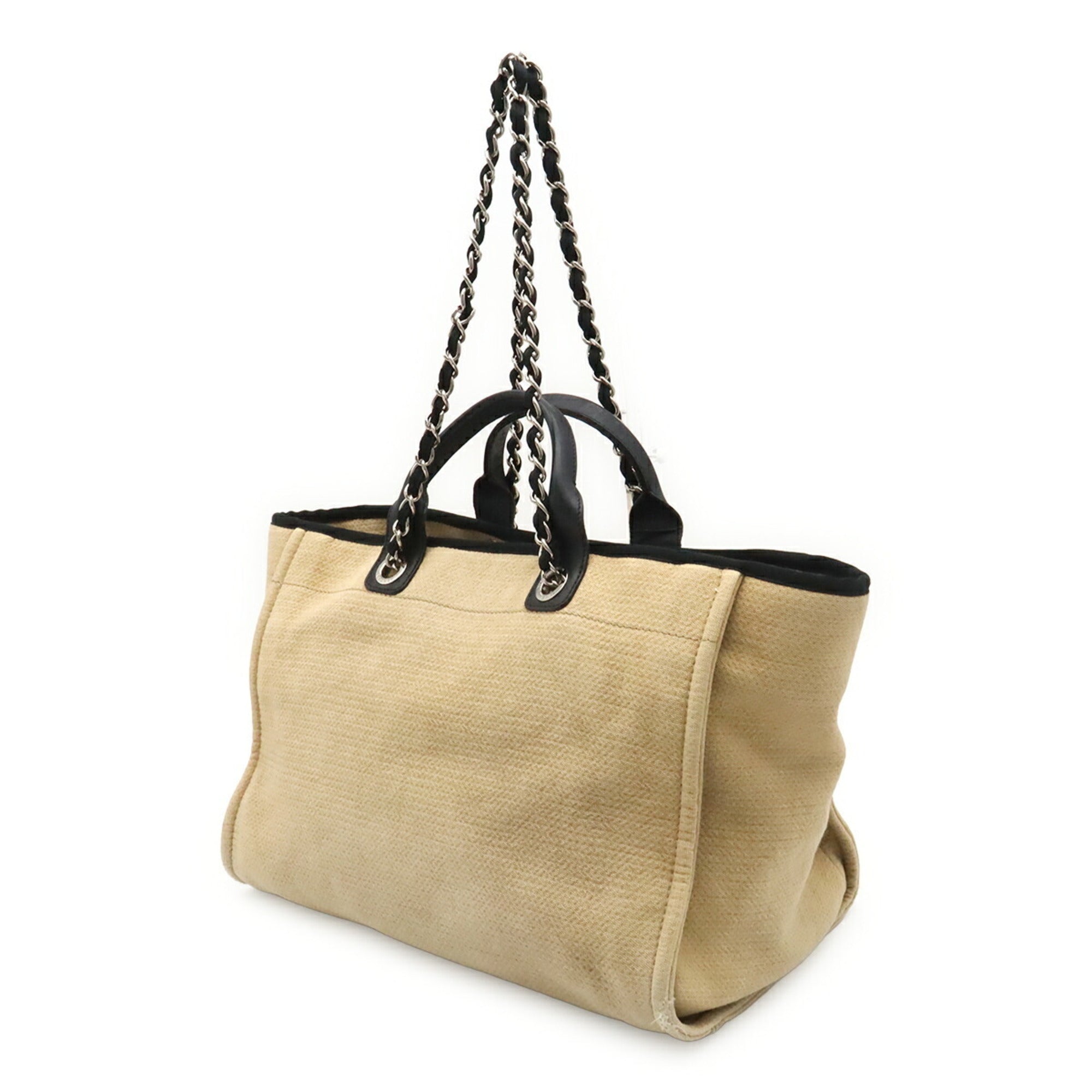 Chanel Beige Black Canvas Shoulder Bag Tote Bag (Pre-Owned)