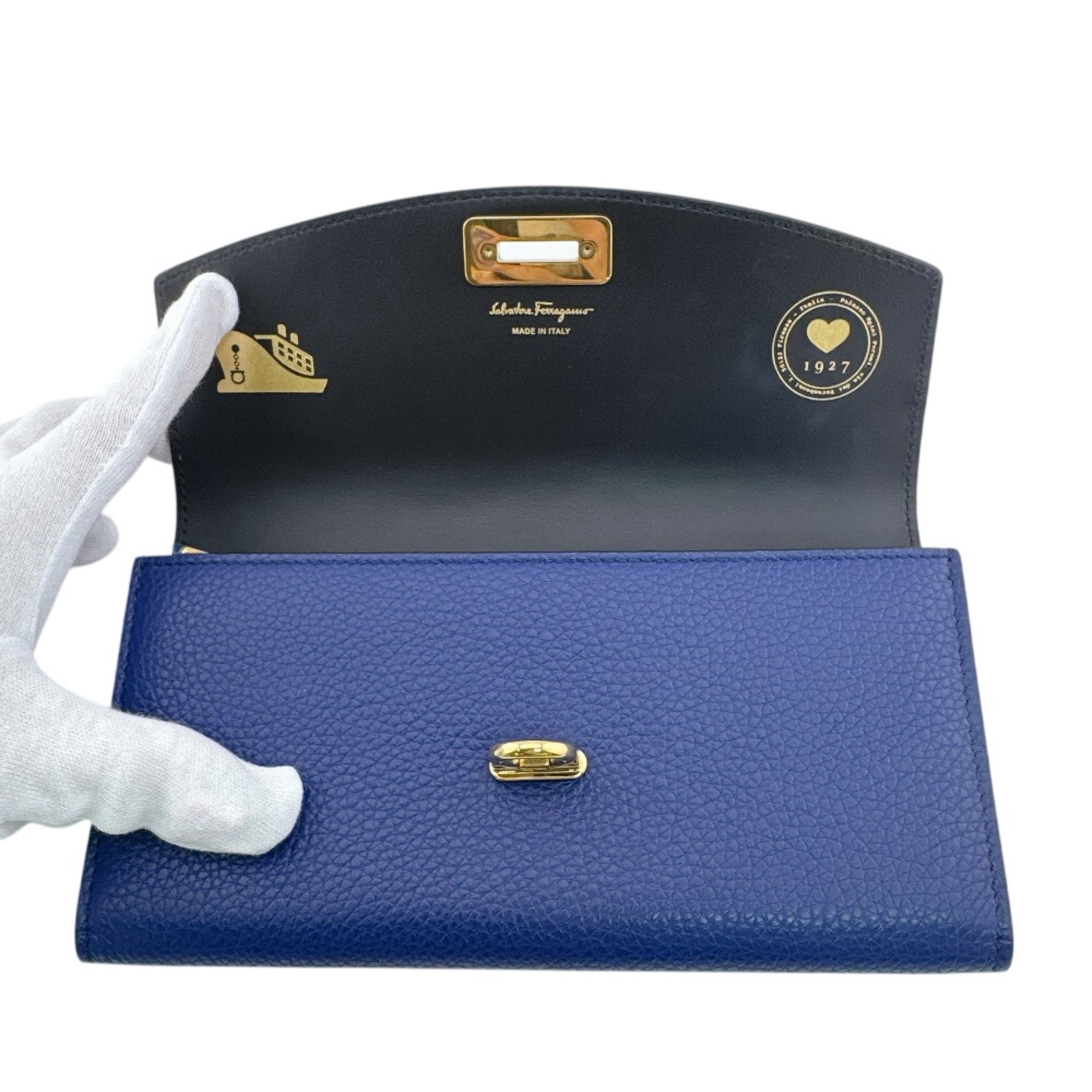 Salvatore Ferragamo Navy Leather Long Wallet (Tri-Fold) (Pre-Owned)