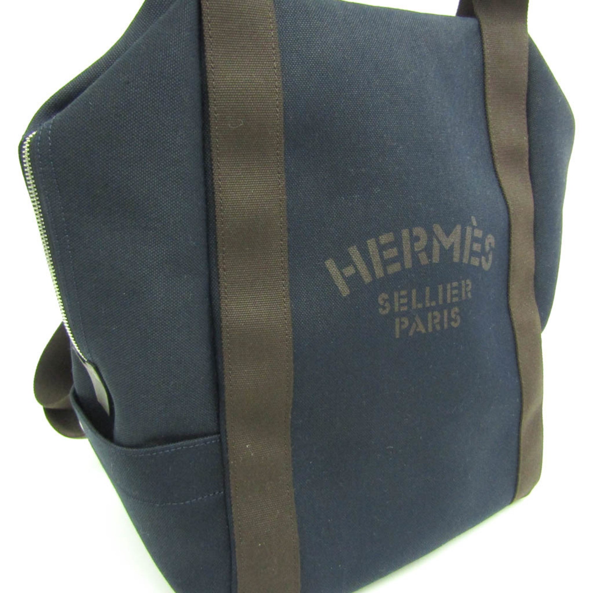 Hermes Navy Toile Chevron Leather Backpack (Pre-Owned)