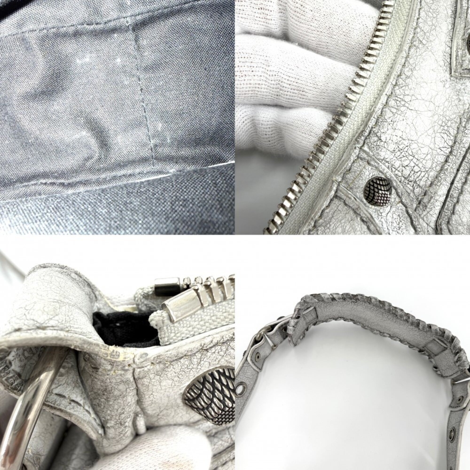 Balenciaga Gray White Leather Shoulder Bag (Pre-Owned)