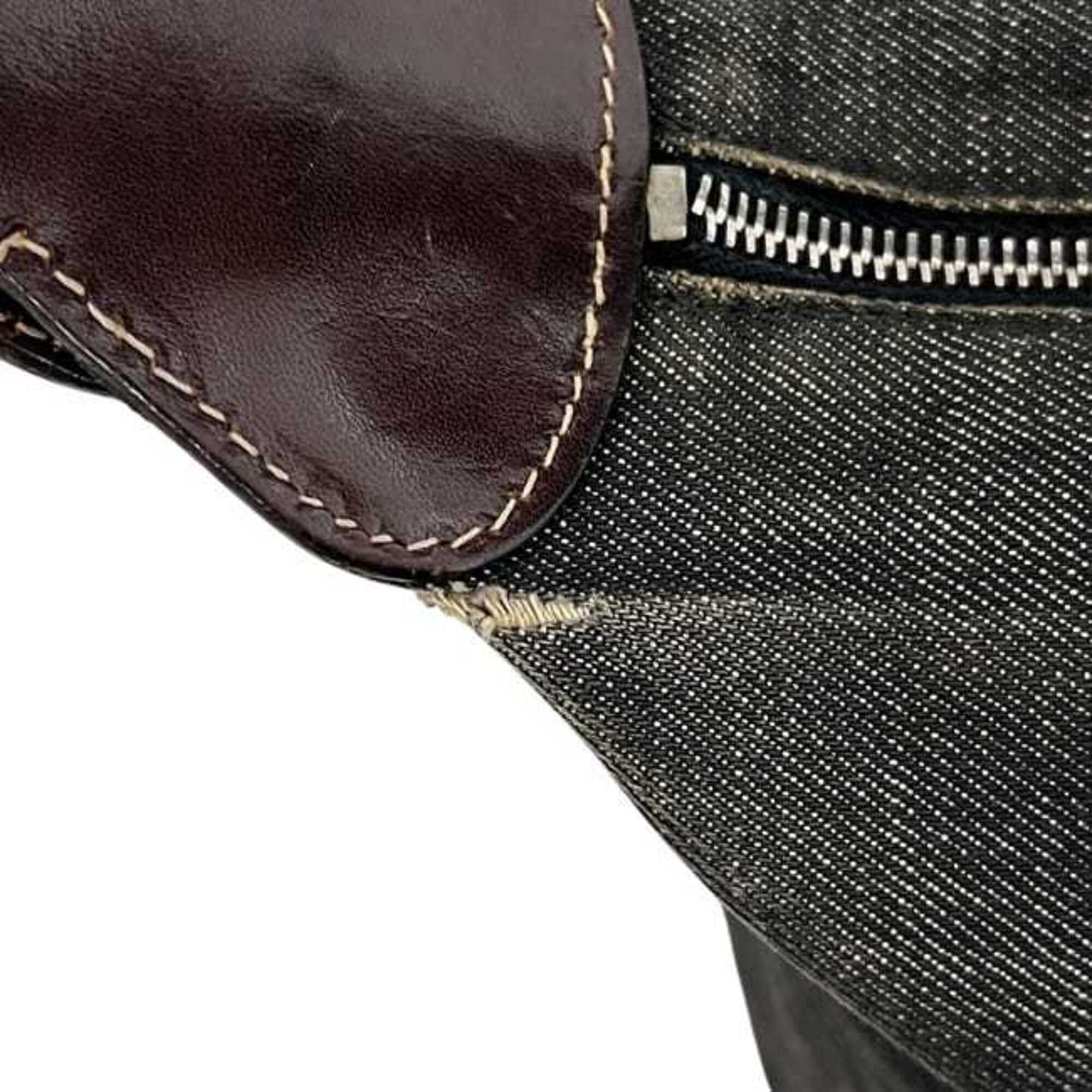 Prada Black Gray Denim Leather Shoulder Bag (Pre-Owned)