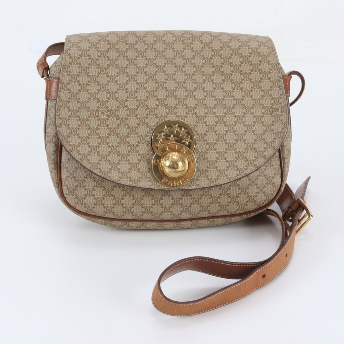 Celine Brown Leather Coated Canvas Crossbody Bag Shoulder Bag (Pre-Owned)