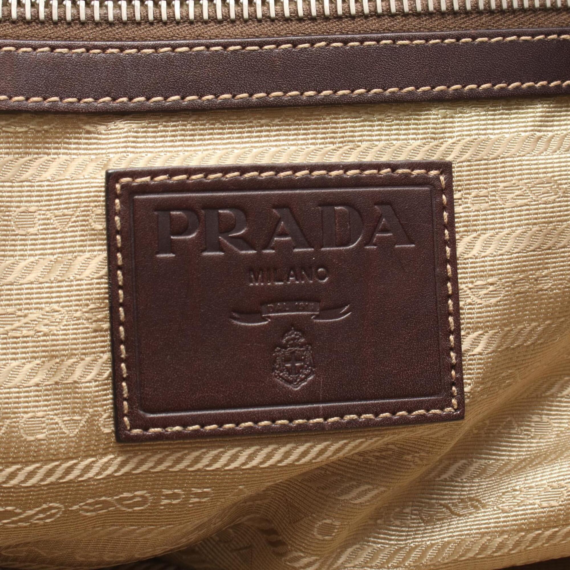 Prada Beige Brown Canvas Leather Handbag Tote Bag (Pre-Owned)