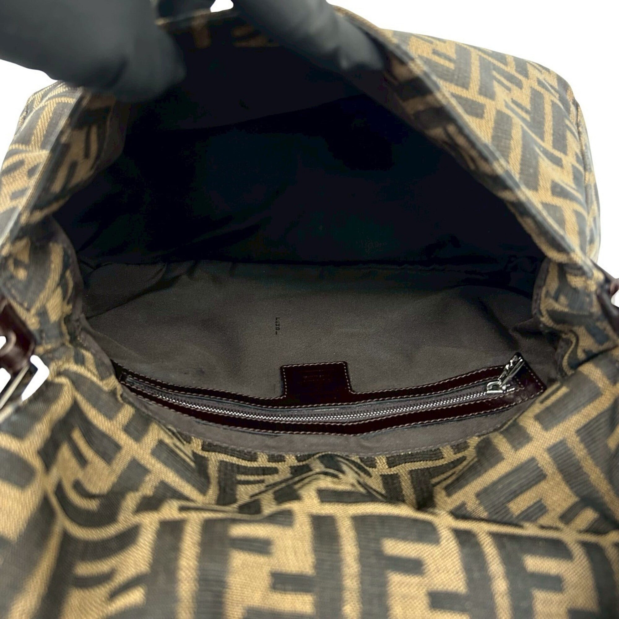 Fendi Black Brown Khaki Canvas Leather Handbag Shoulder Bag (Pre-Owned)