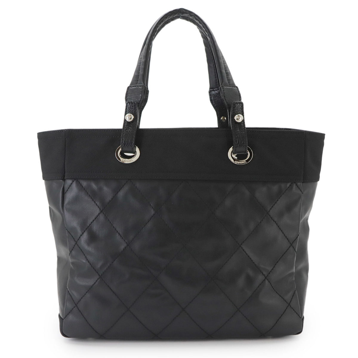 Chanel Paris Biarritz Black Canvas Nylon Leather Handbag Tote Bag (Pre-Owned)