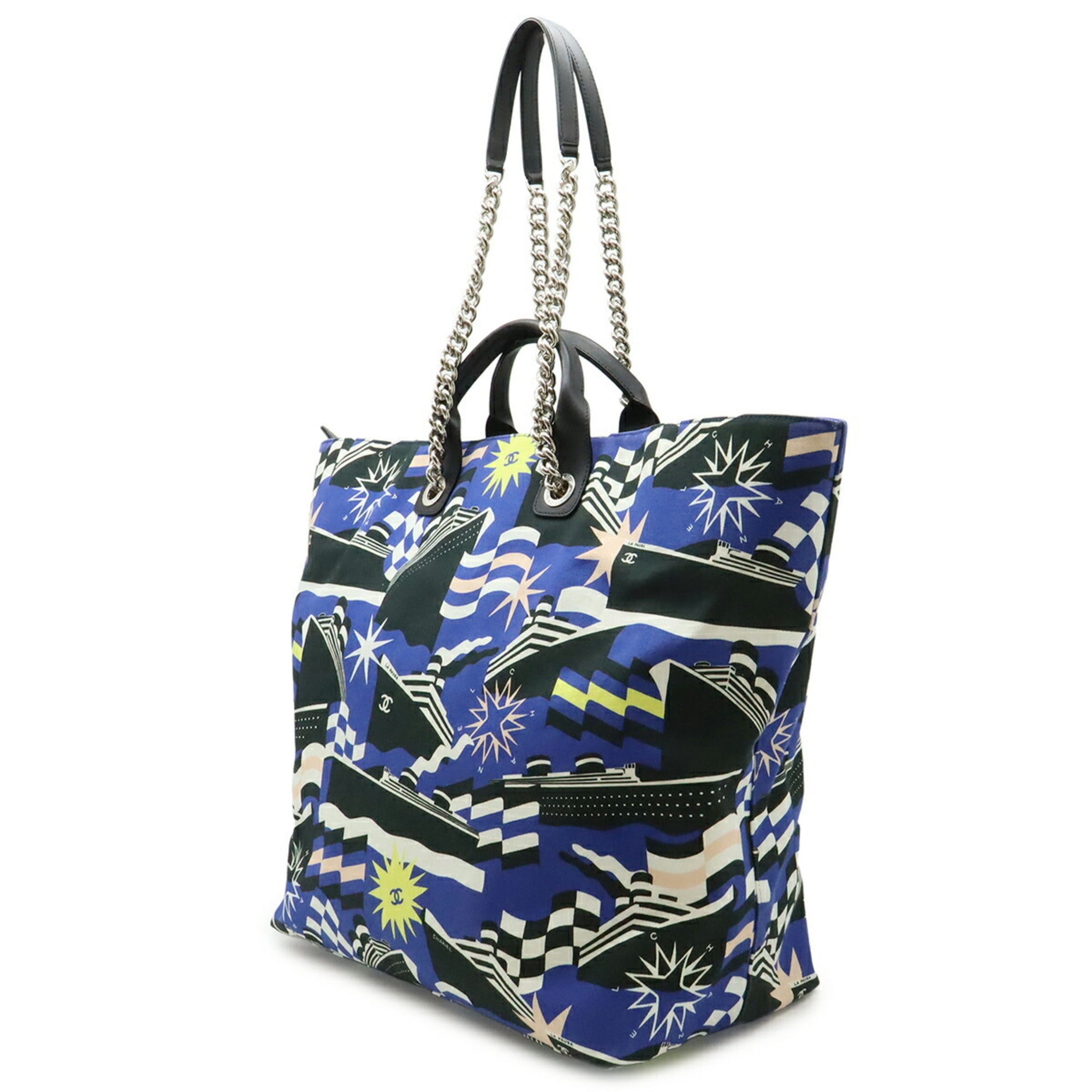 Chanel Black Blue Multi-Color Canvas Shoulder Bag Tote Bag (Pre-Owned)