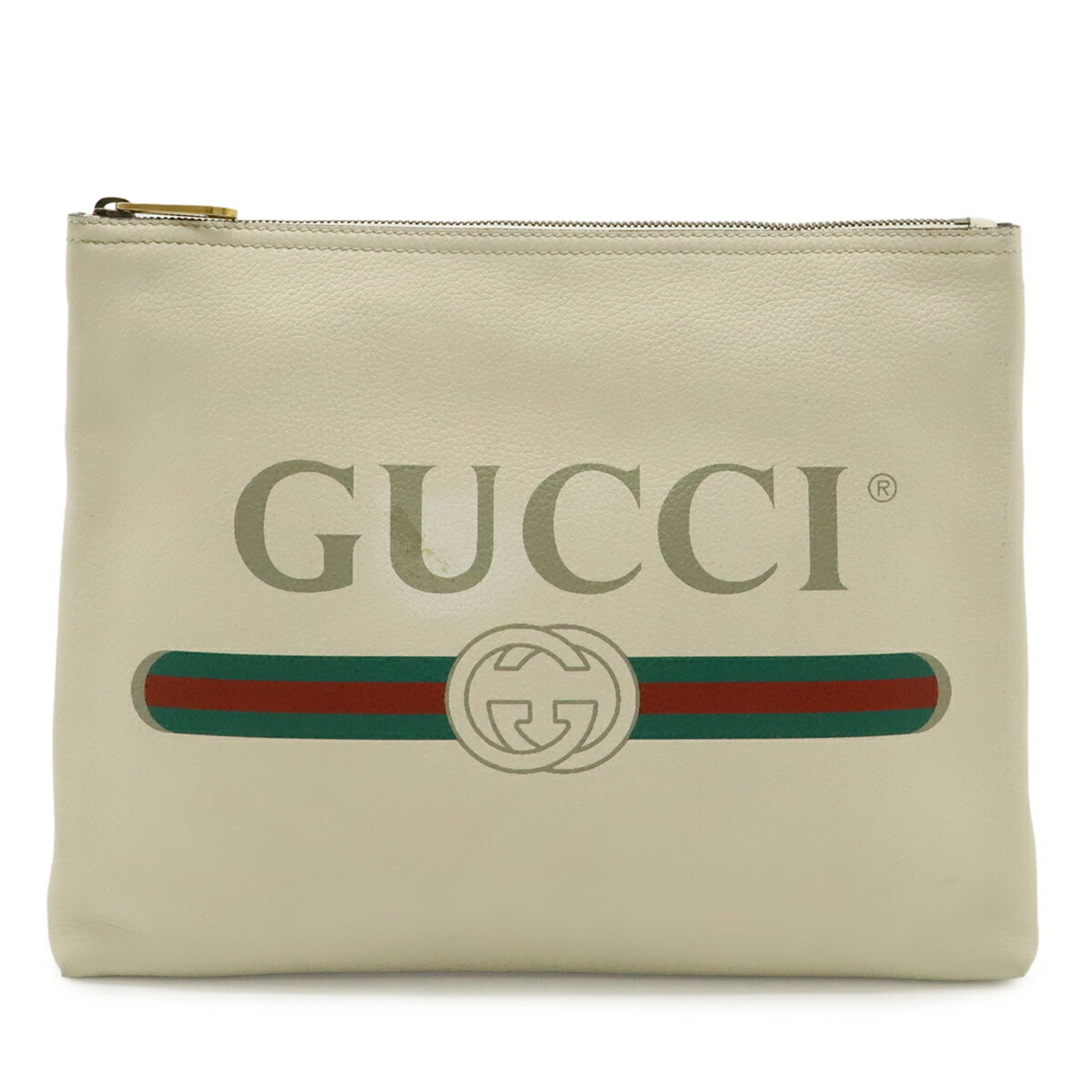 Gucci Green Ivory Red Color White Leather Clutch Bag Pouch (Pre-Owned)