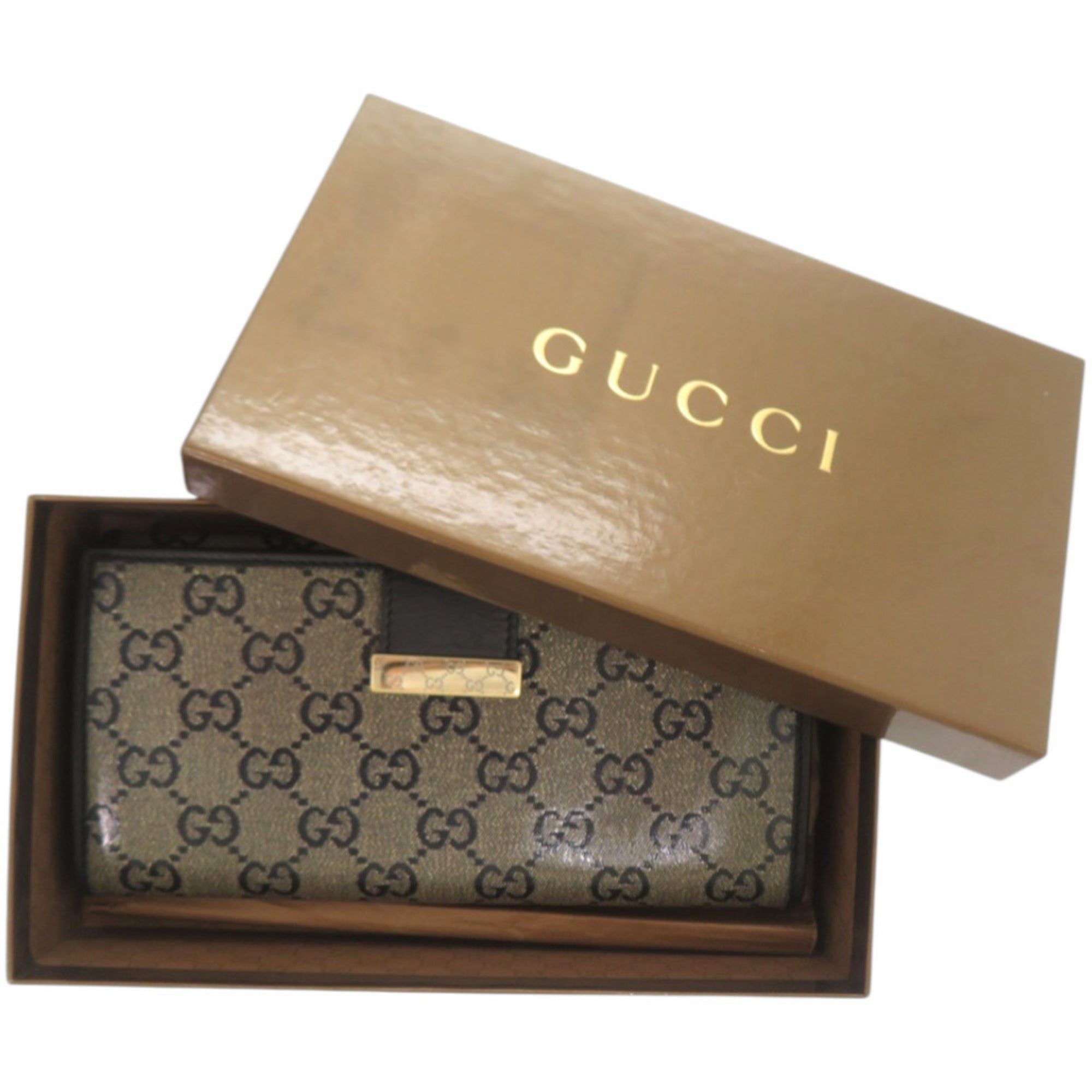 Gucci Gold Black Pvc Leather Long Wallet (Bi-Fold) (Pre-Owned)