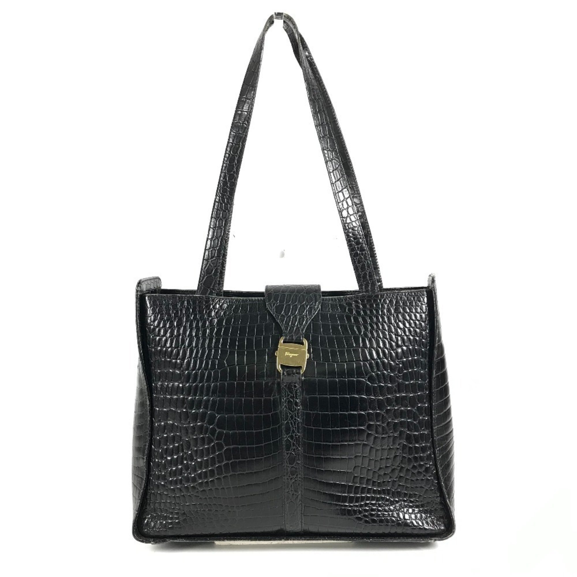 Salvatore Ferragamo Black Gold Leather Shoulder Bag Tote Bag (Pre-Owned)