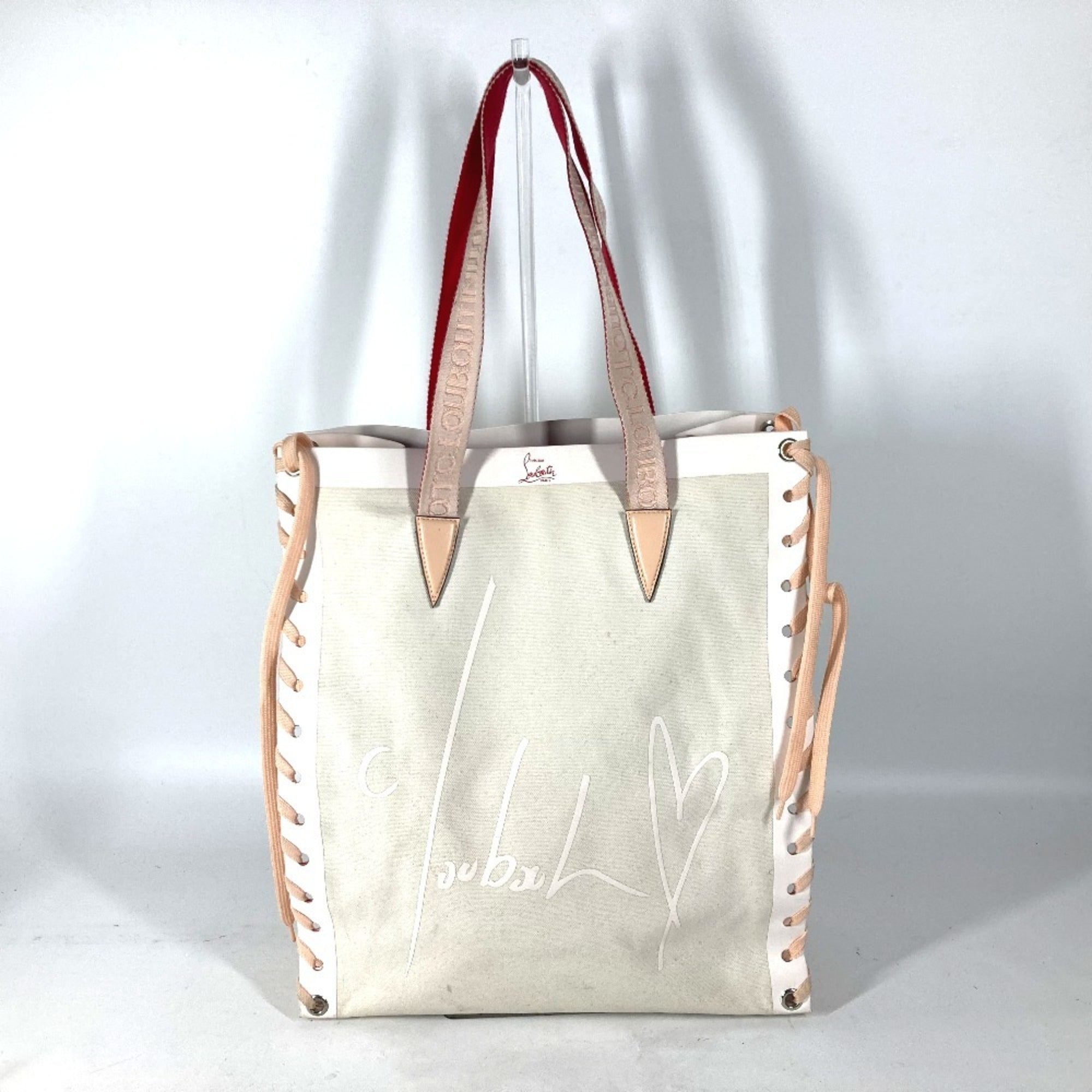 Christian Louboutin Pink White Canvas Leather Shoulder Bag Tote Bag (Pre-Owned)
