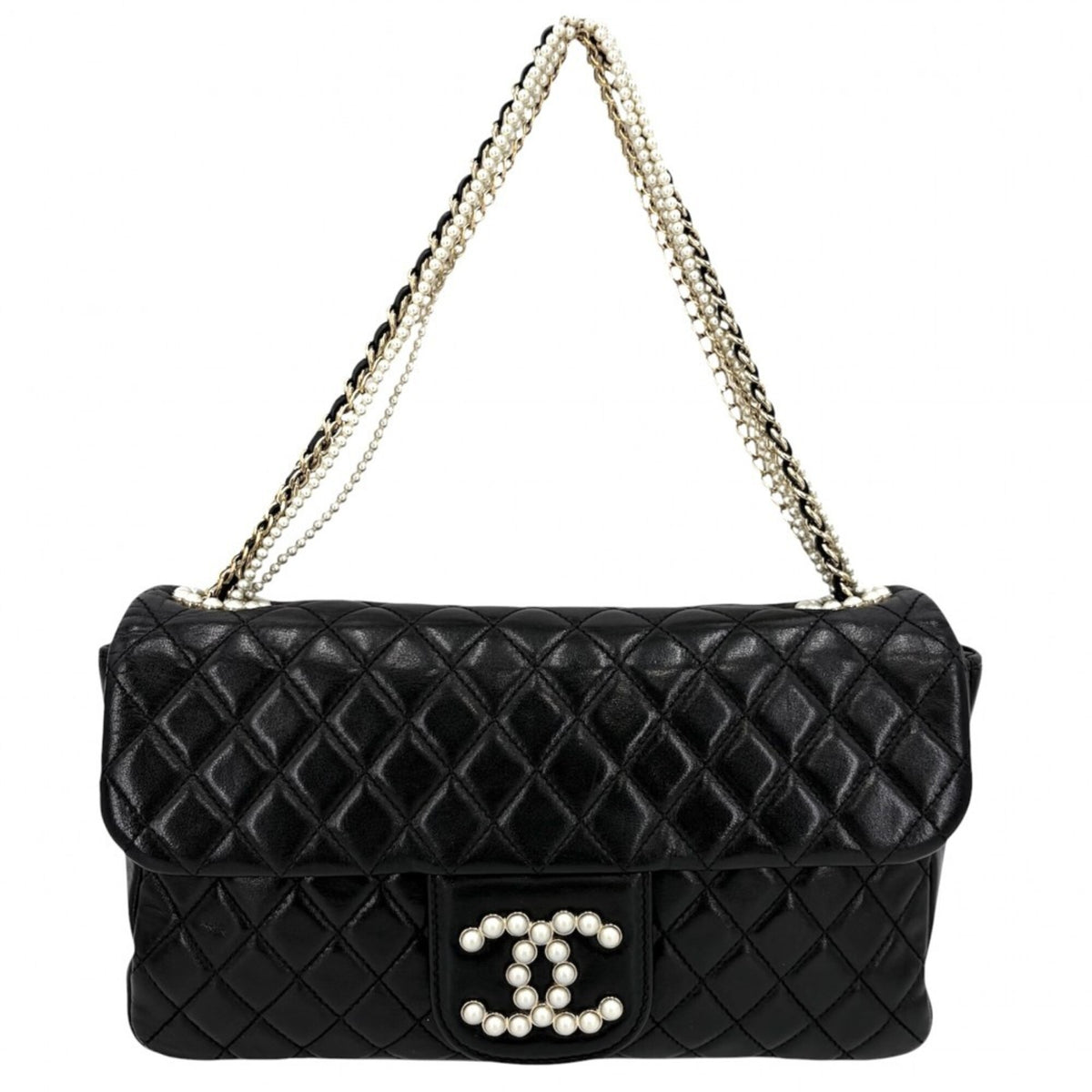 Chanel Black Leather Artificial Pearl Shoulder Bag (Pre-Owned)