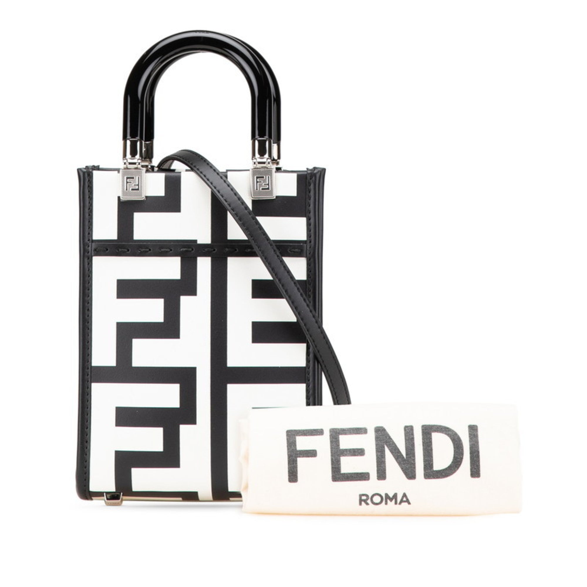 Fendi Black White Leather Handbag Shoulder Bag (Pre-Owned)