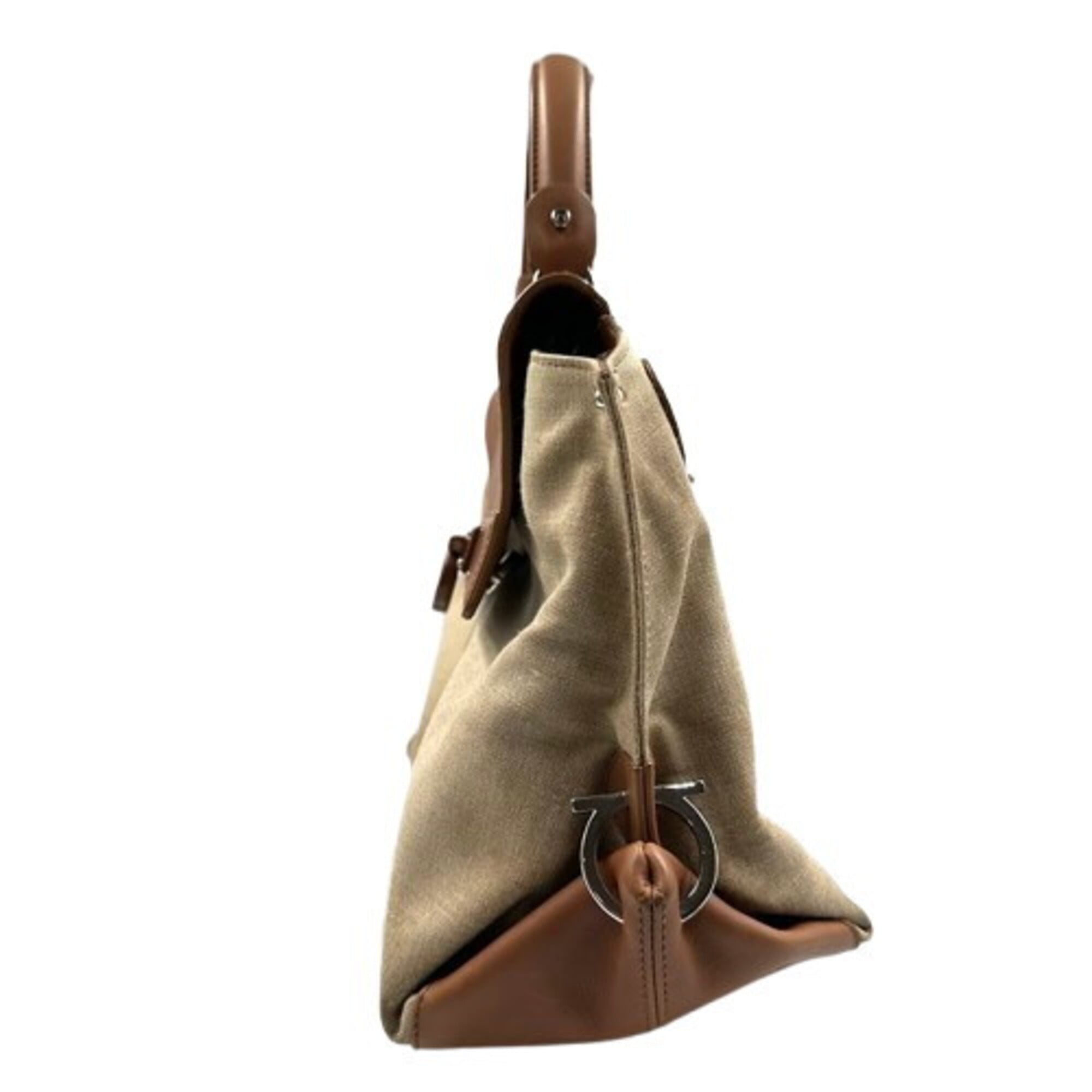 Salvatore Ferragamo Beige Brown Canvas Leather Handbag (Pre-Owned)