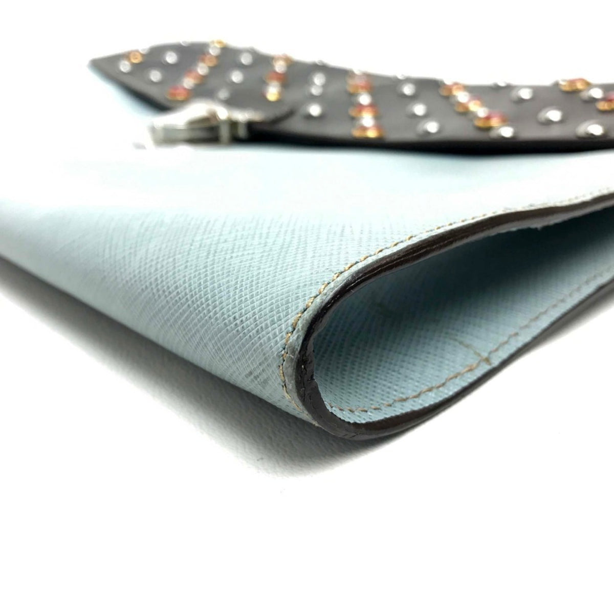 Prada Saffiano Black Light Blue Leather Clutch Bag (Pre-Owned)