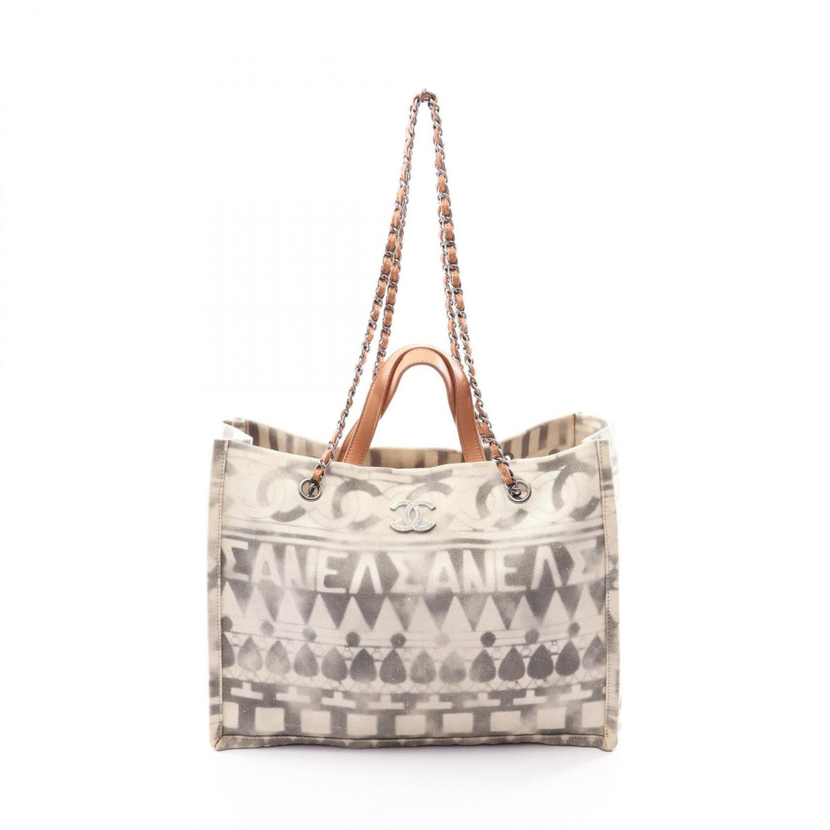 Chanel Brown White Canvas Leather Handbag Tote Bag (Pre-Owned)