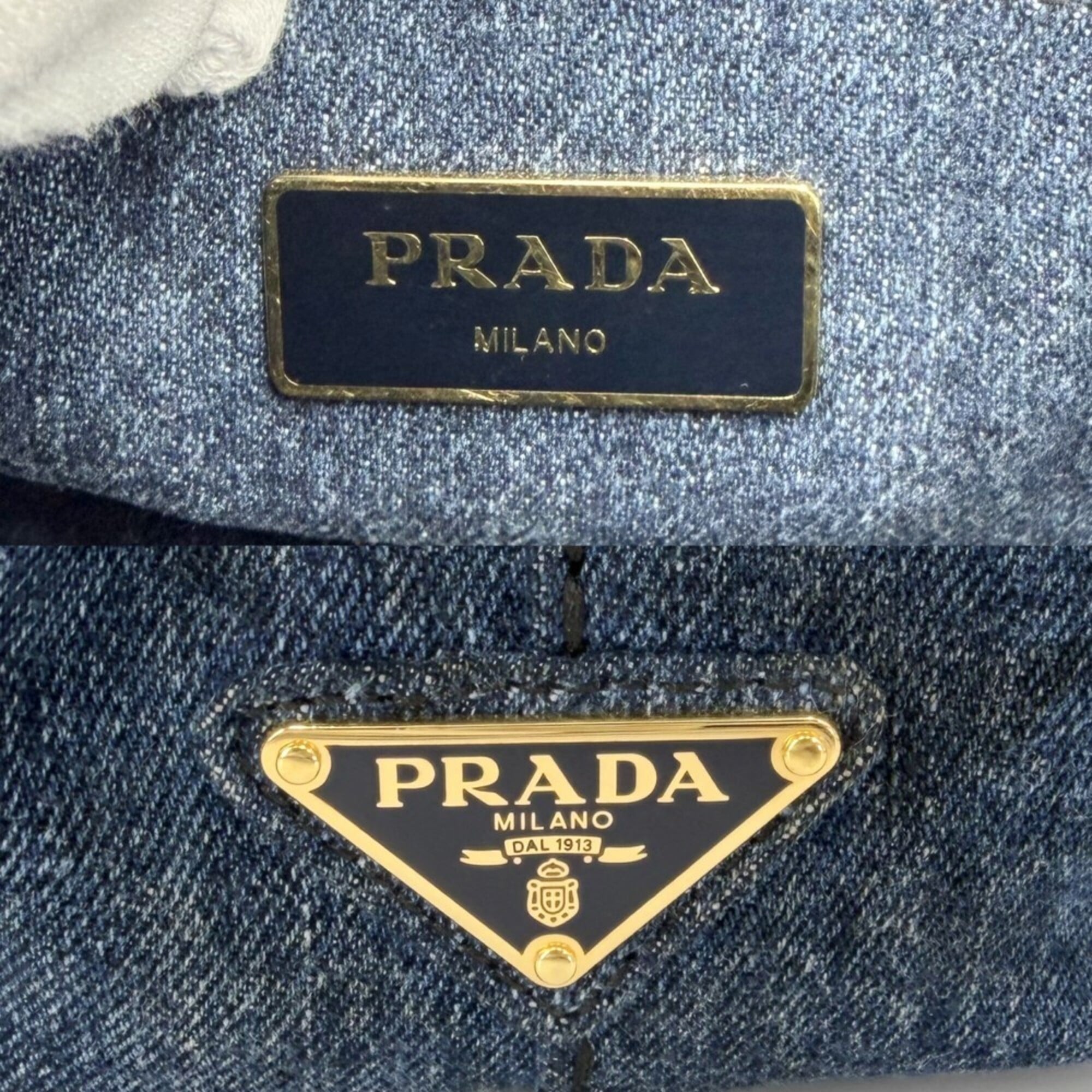 Prada Dark Blue White Yellow Cotton Handbag Shoulder Bag (Pre-Owned)