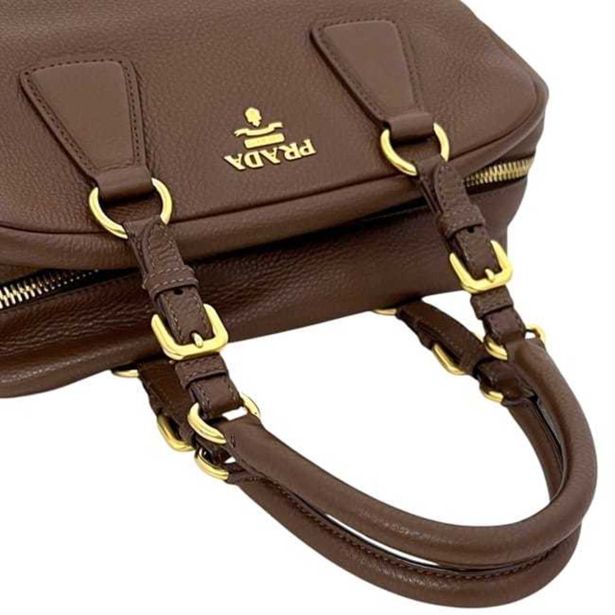 Prada Brown Leather Boston Bag Handbag (Pre-Owned)