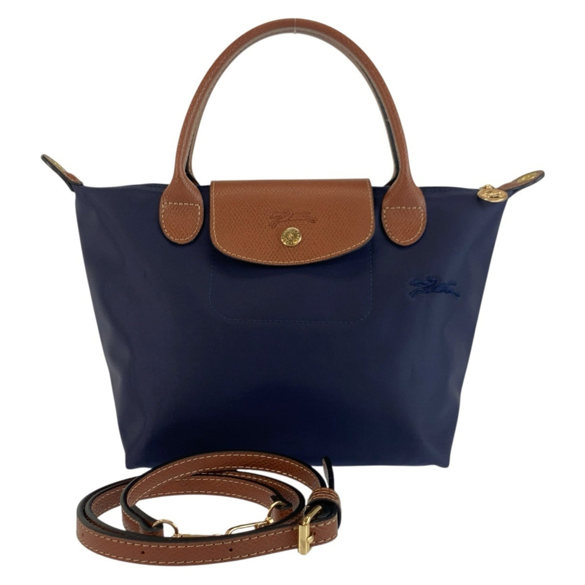 Longchamp Brown Navy Nylon Leather Shoulder Bag Tote Bag (Pre-Owned)