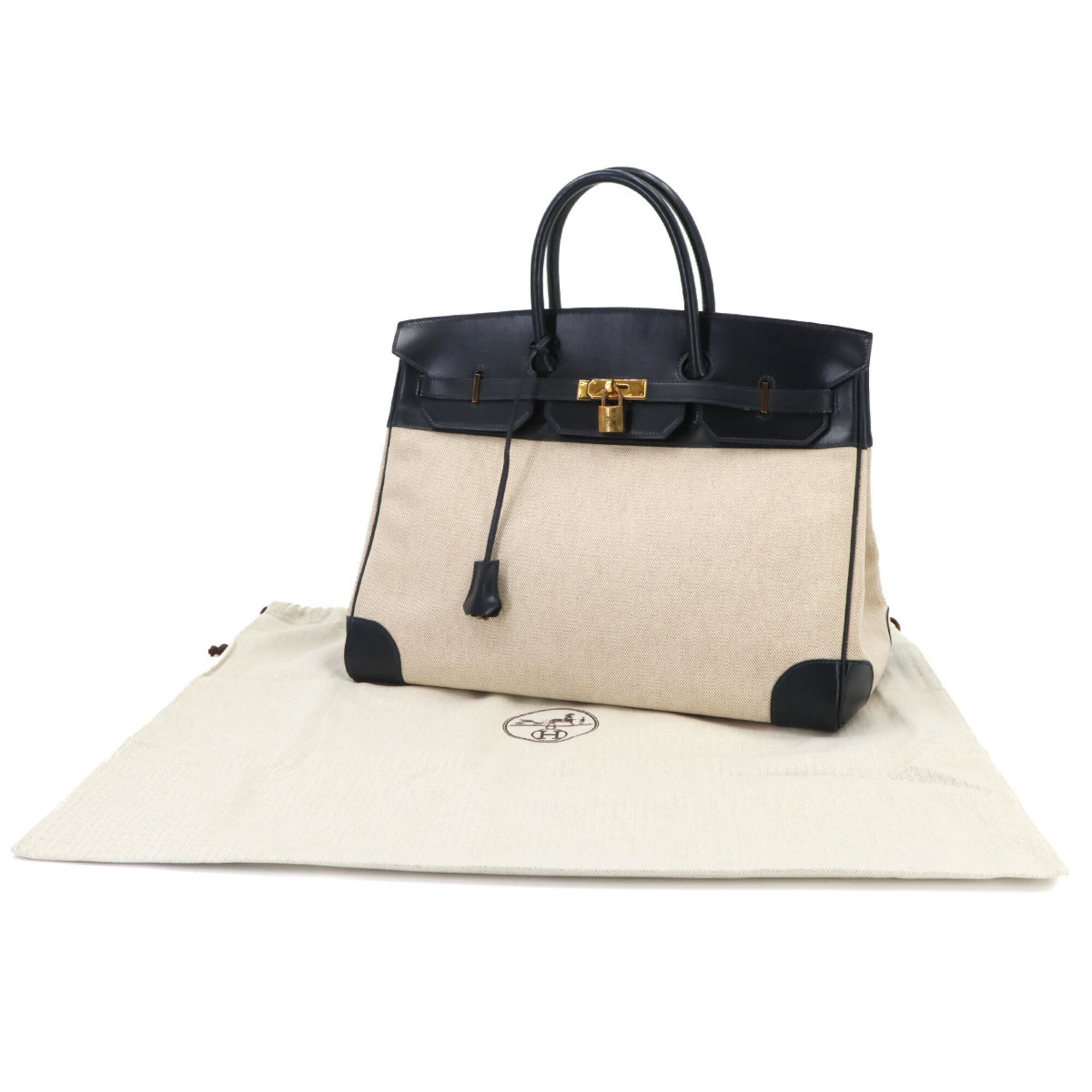 Hermes Beige Blue Marine Box Calf Leather Toile H Handbag (Pre-Owned)