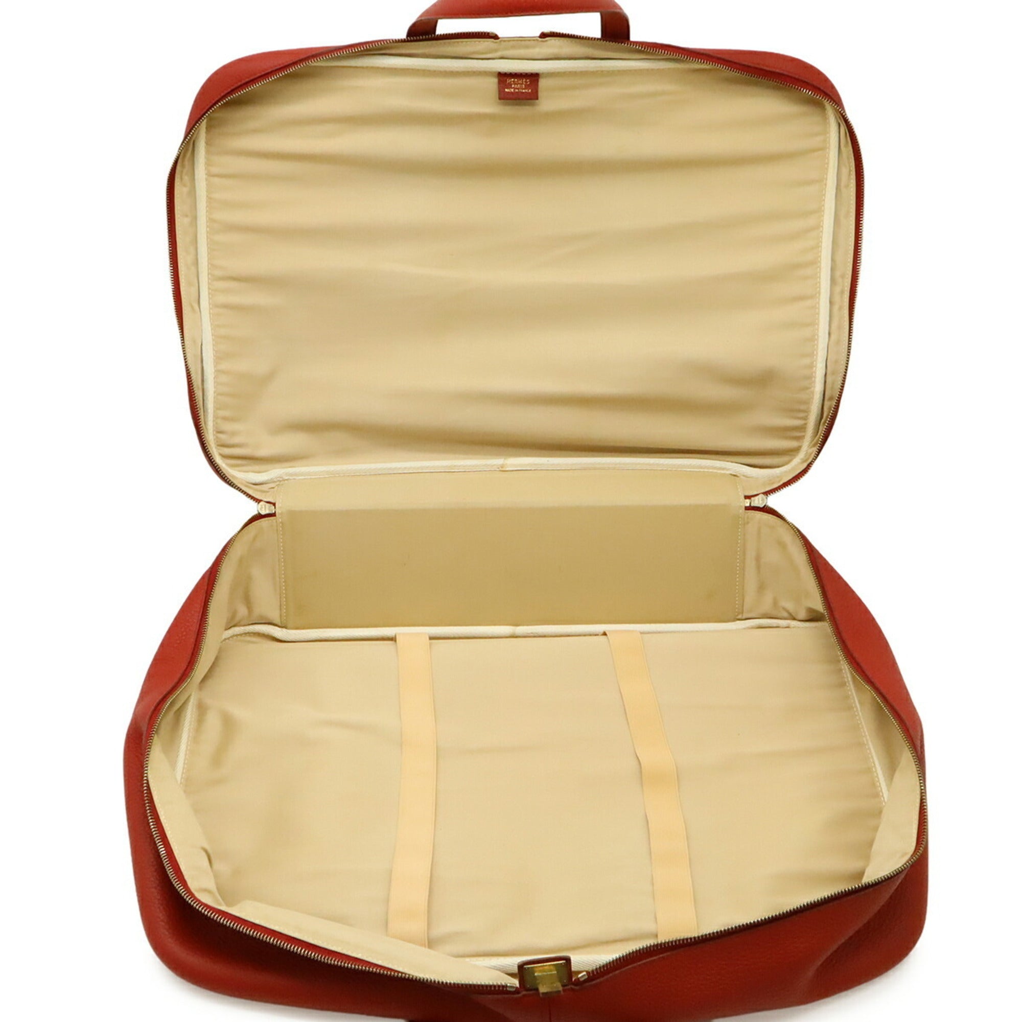 Hermes Natural Red Color Toile H Taurillon Clemence Leather Boston Bag (Pre-Owned)