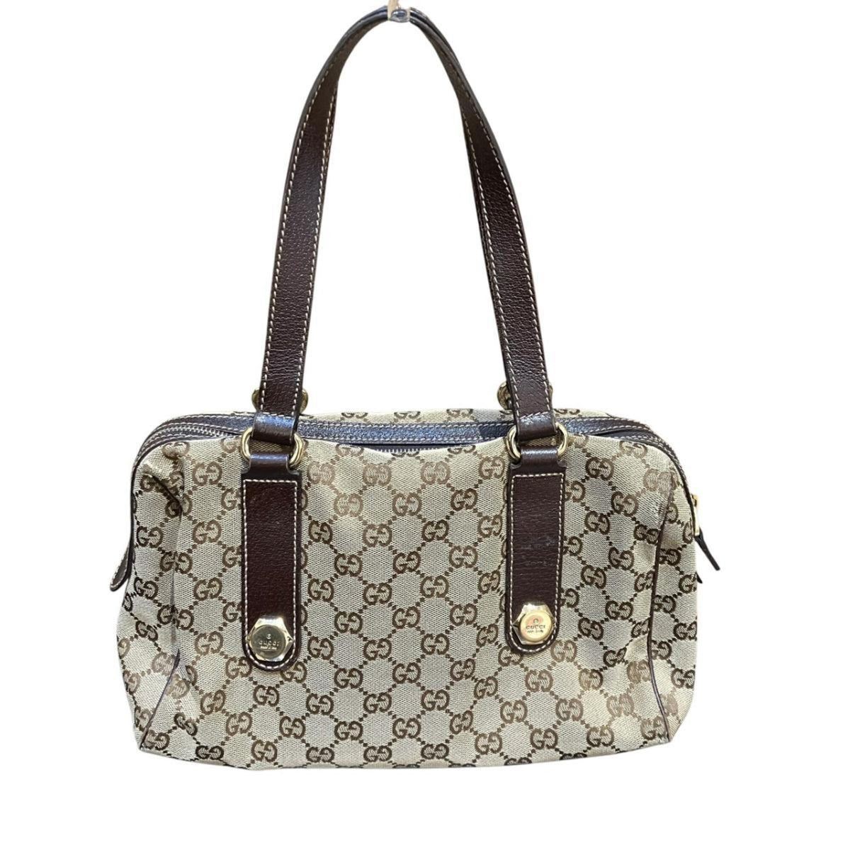 Gucci Gg Canvas Beige Brown Canvas Leather Handbag (Pre-Owned)