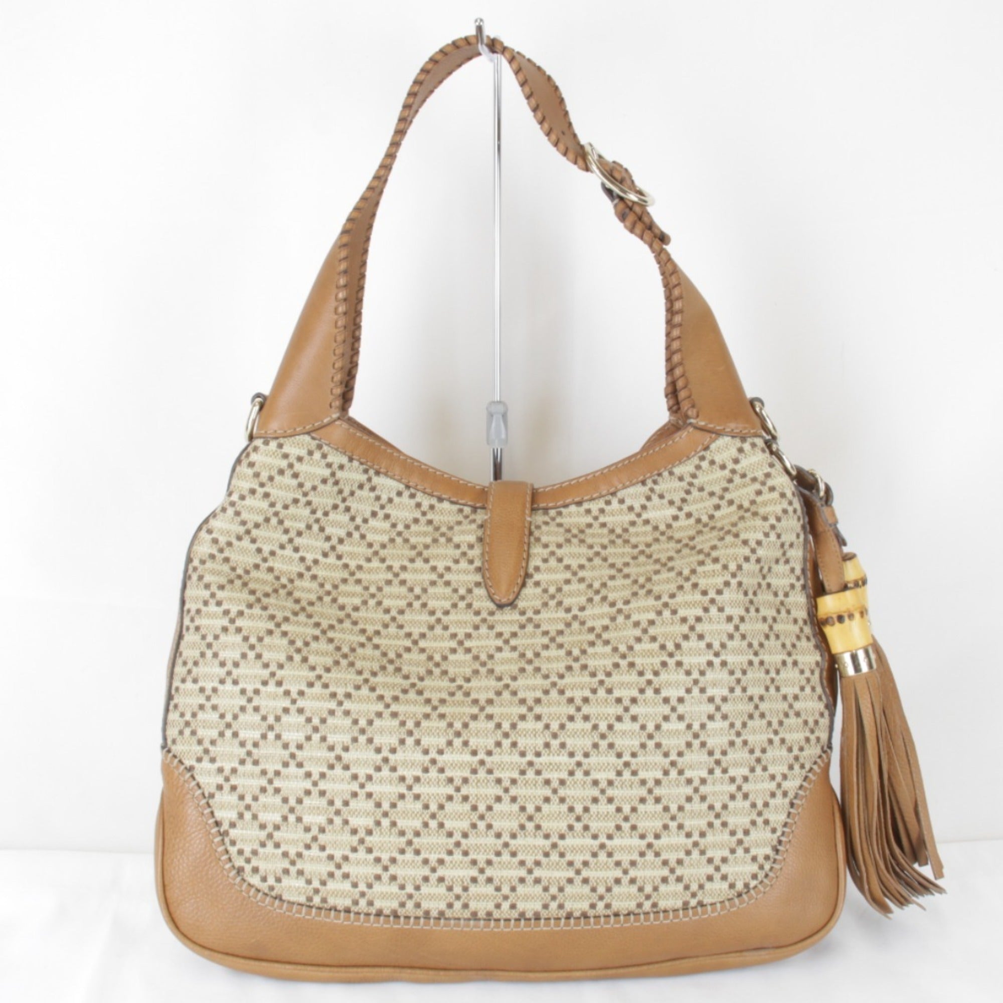 Gucci Diamante Beige Canvas Leather Shoulder Bag (Pre-Owned)