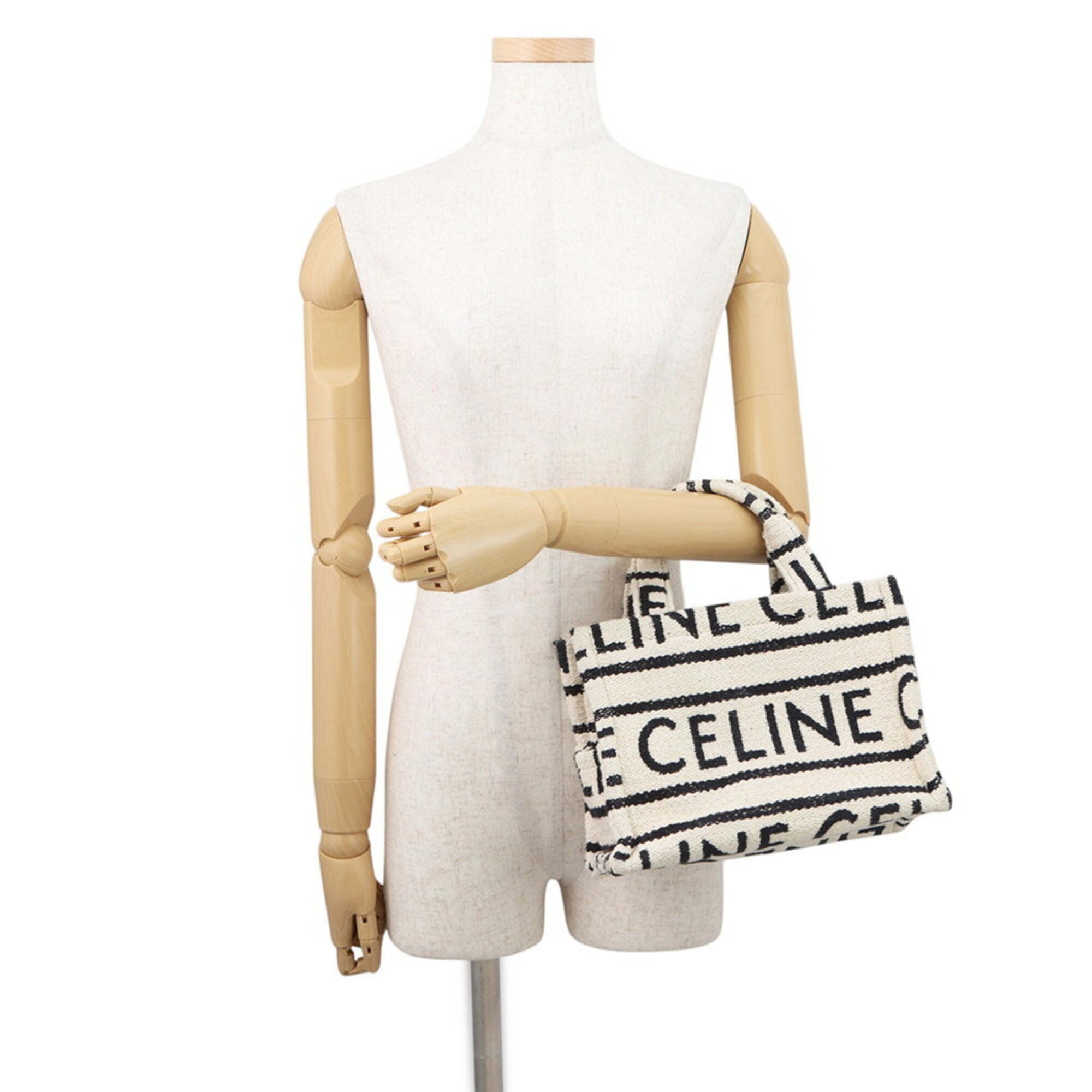 Celine Cabas Black White Cotton Leather Handbag Shoulder Bag (Pre-Owned)