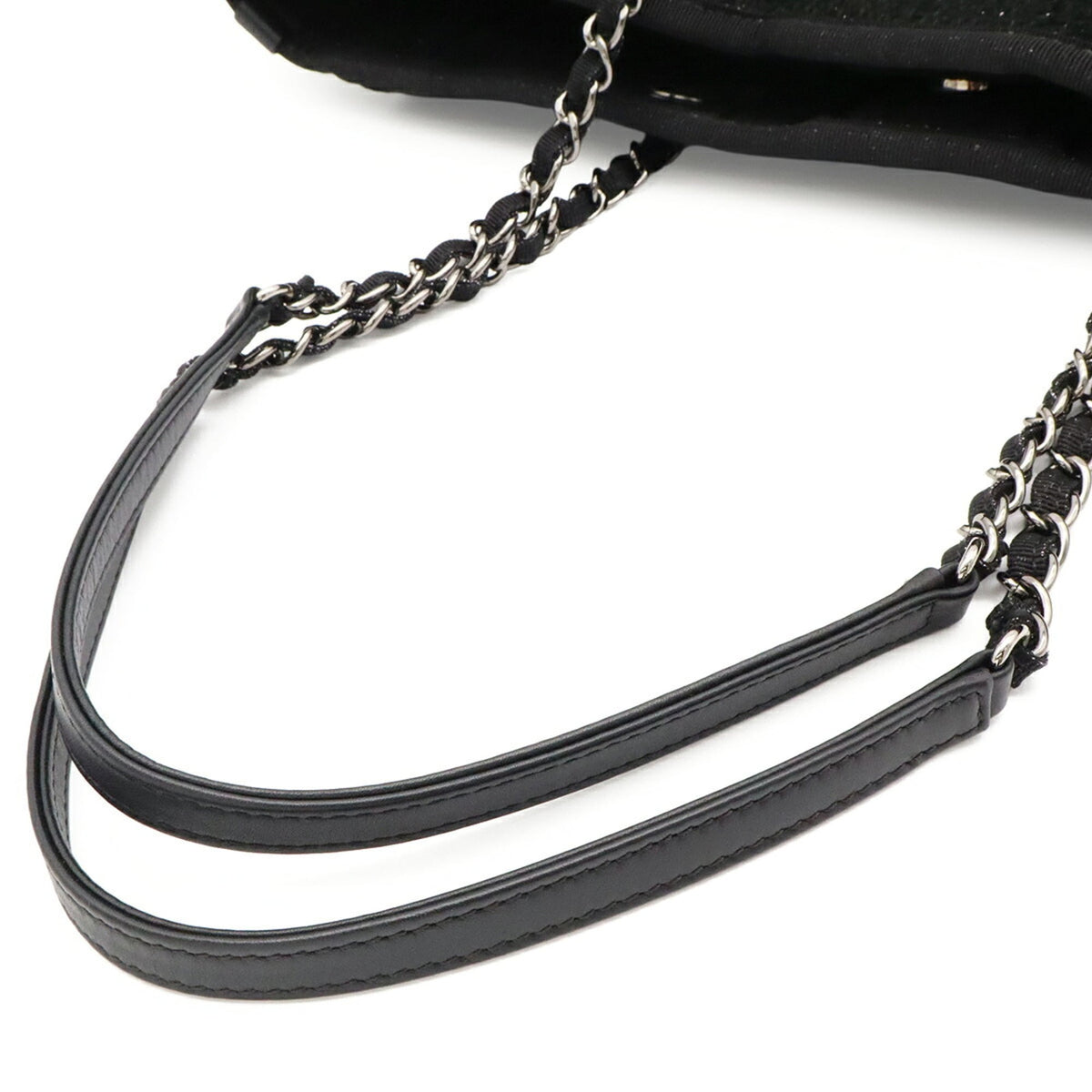 Chanel Black Gray Cotton Leather Shoulder Bag Tote Bag (Pre-Owned)