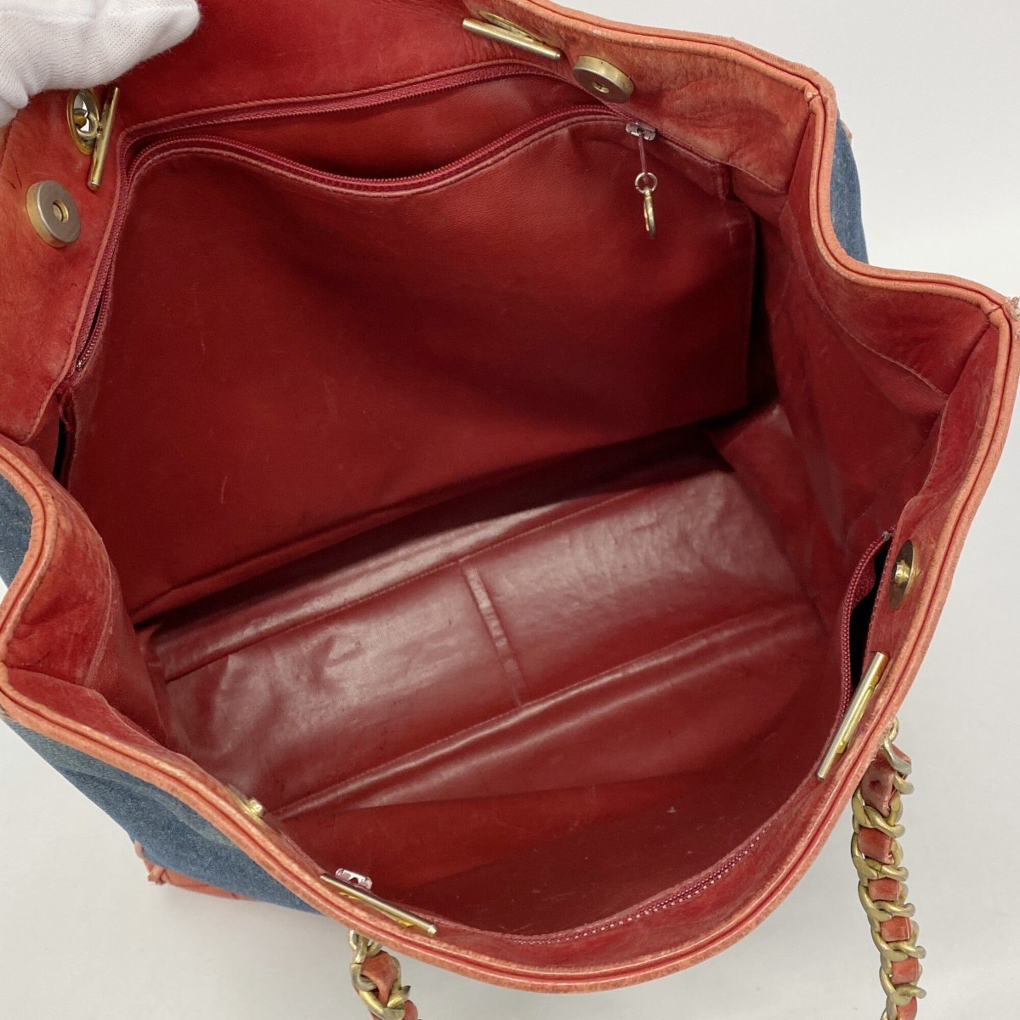 Chanel Blue Red Color Leather Denim Tote Bag (Pre-Owned)