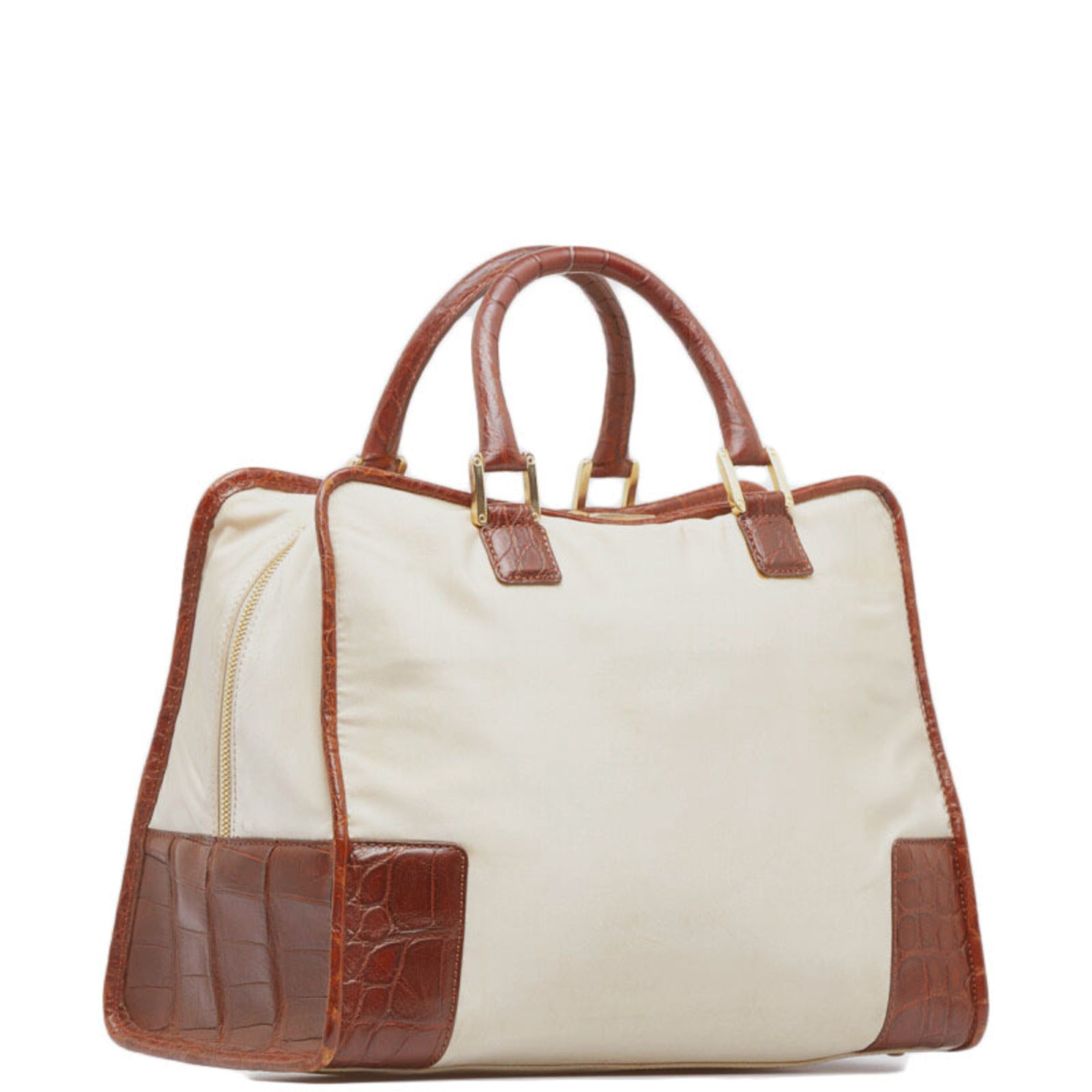 Loewe Beige Brown Nylon Leather Boston Bag Handbag (Pre-Owned)