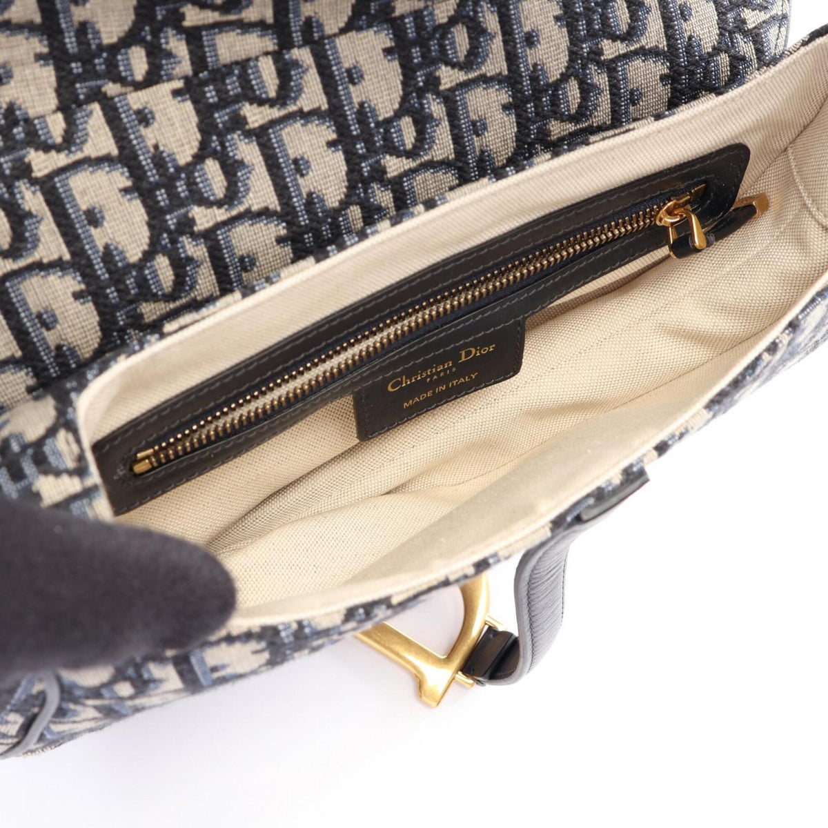 Christian Dior Ivory Navy Canvas Leather Saddle Bag (Pre-Owned)