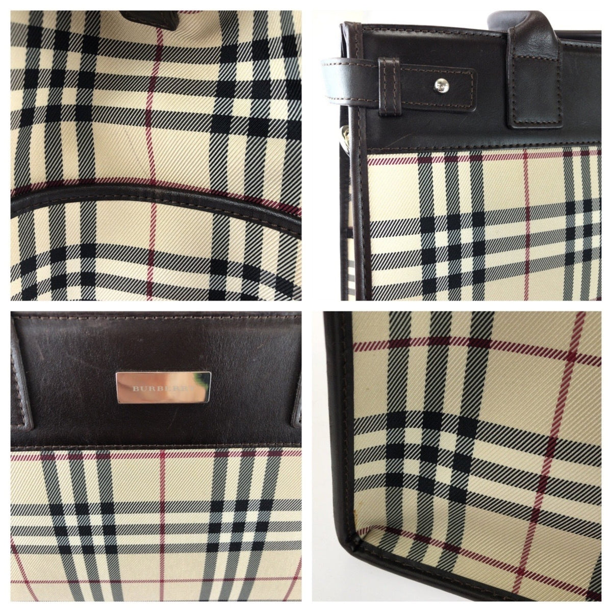 Burberry Beige Dark Brown Canvas Leather Shoulder Bag Tote Bag (Pre-Owned)