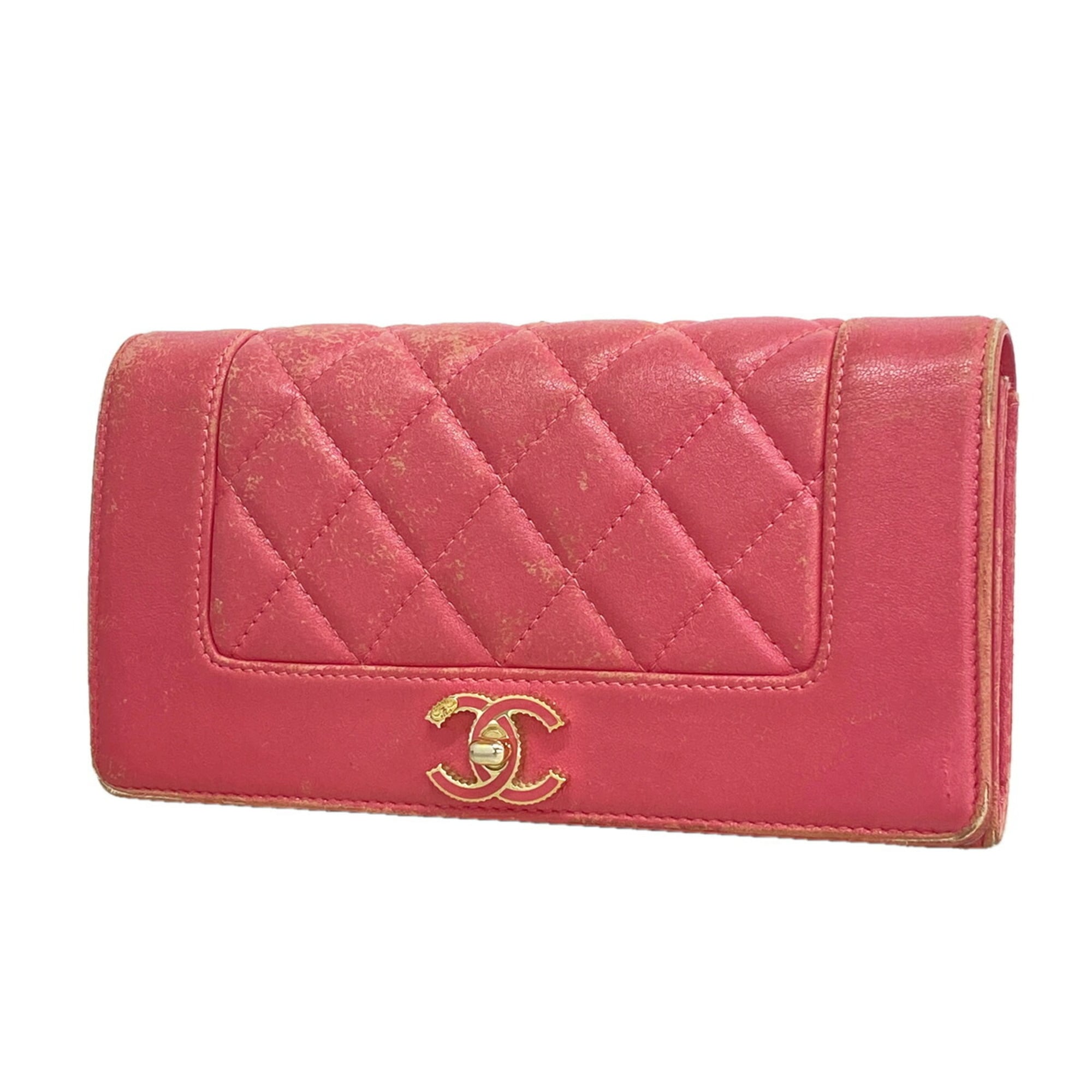 Chanel Pink Leather Long Wallet (Bi-Fold) (Pre-Owned)