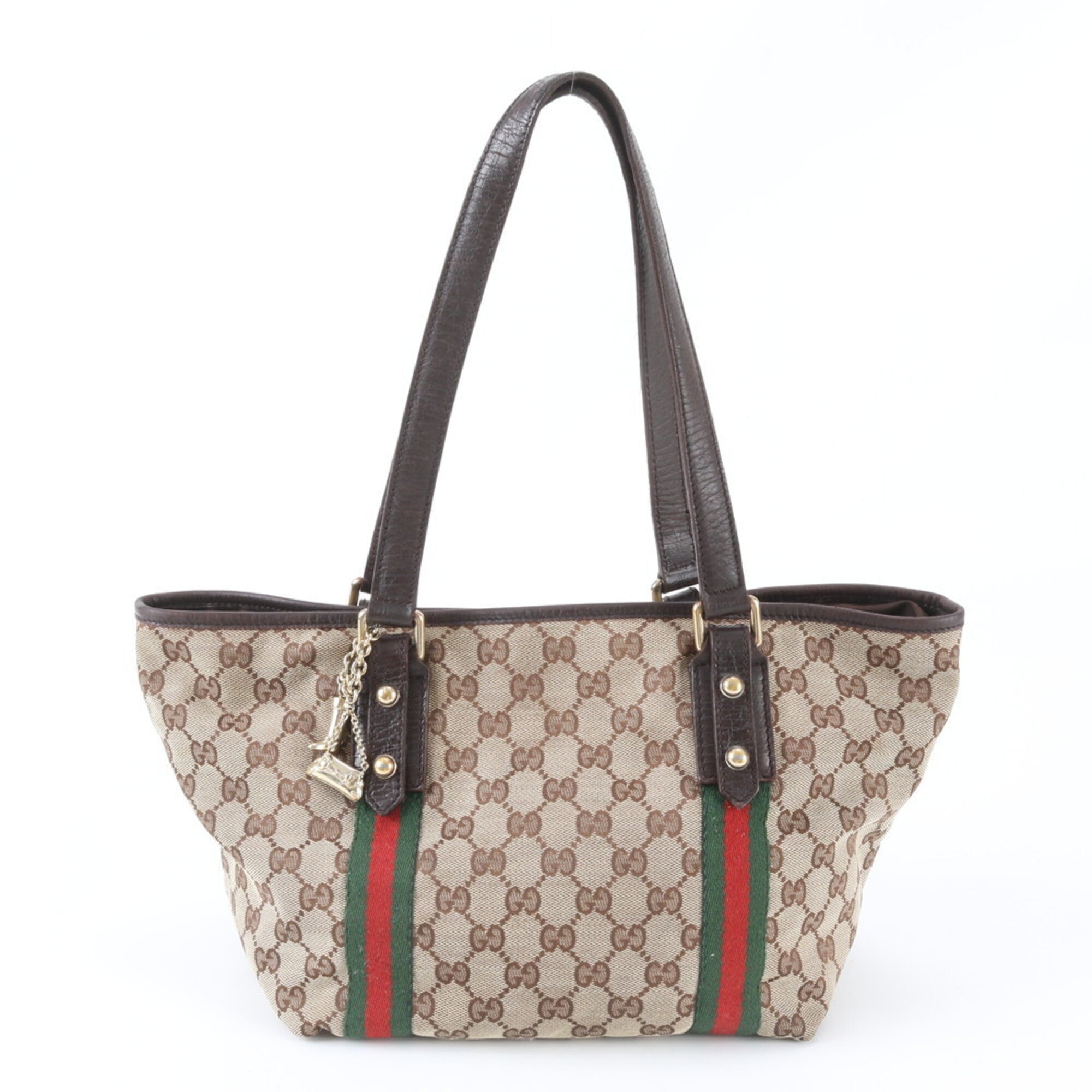 Gucci Sherry Line Brown Leather Canvas Handbag Tote Bag (Pre-Owned)