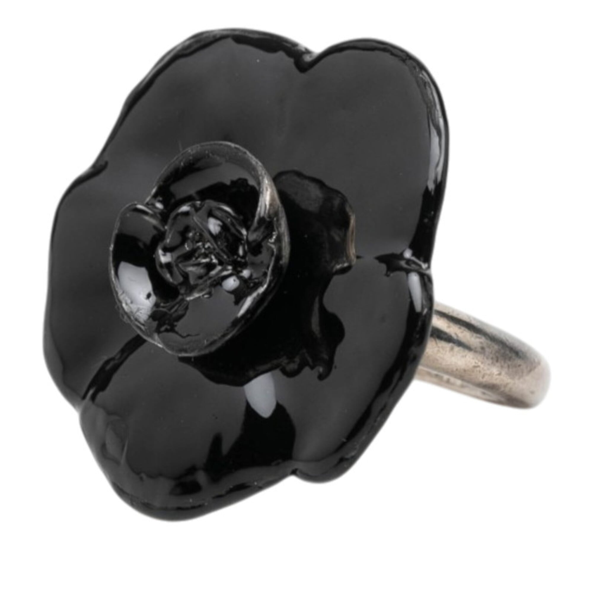 Chanel Silver Black Metal Band Ring (Pre-Owned)