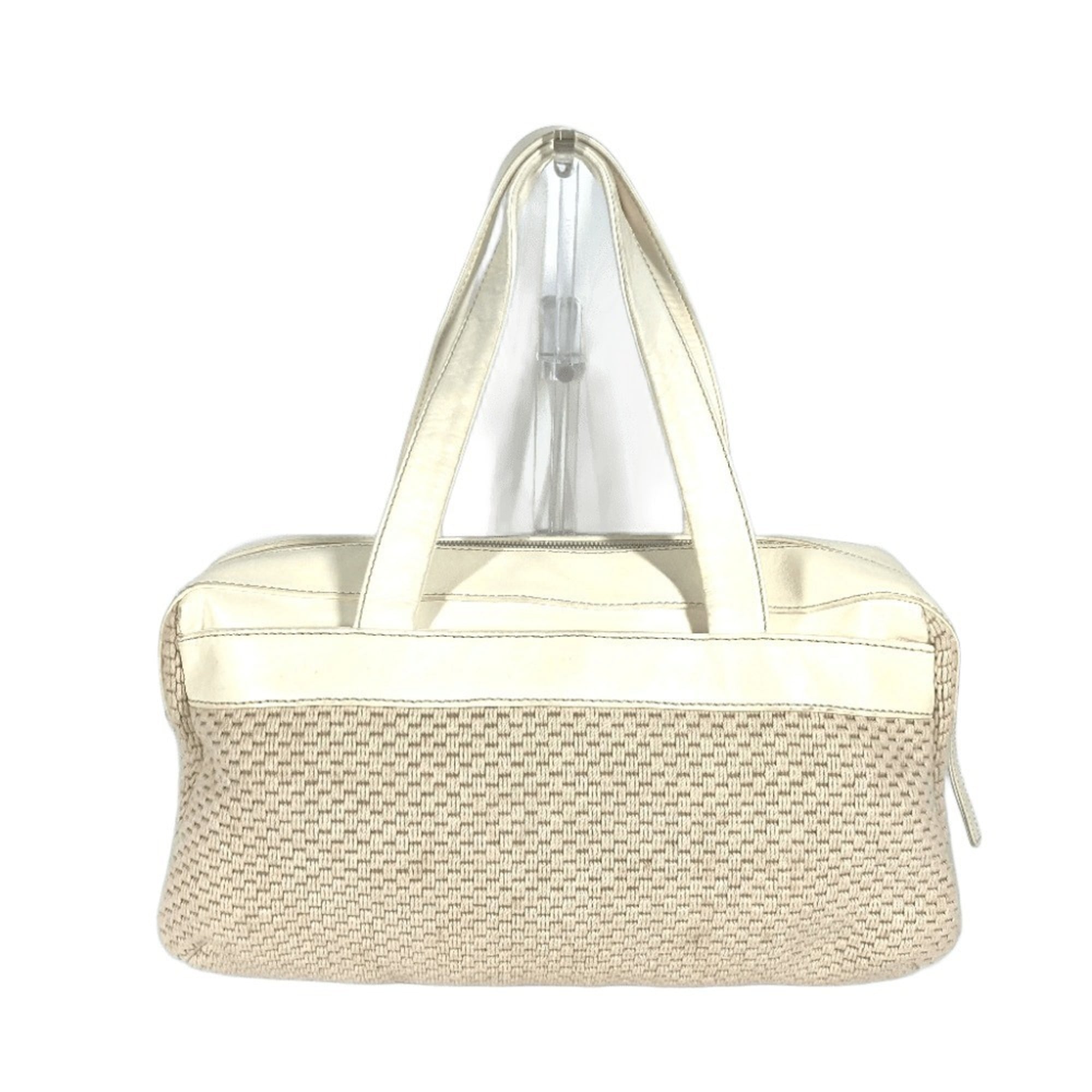 Chanel Beige White Leather Canvas Handbag Shoulder Bag Tote Bag (Pre-Owned)