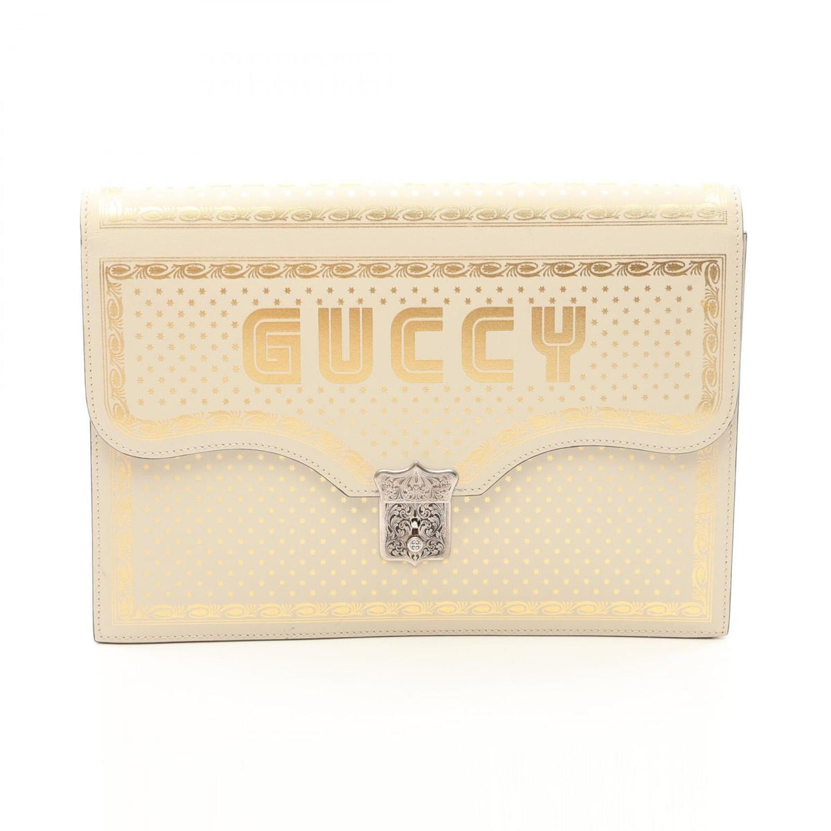 Gucci Gold Ivory Leather Clutch Bag Handbag (Pre-Owned)