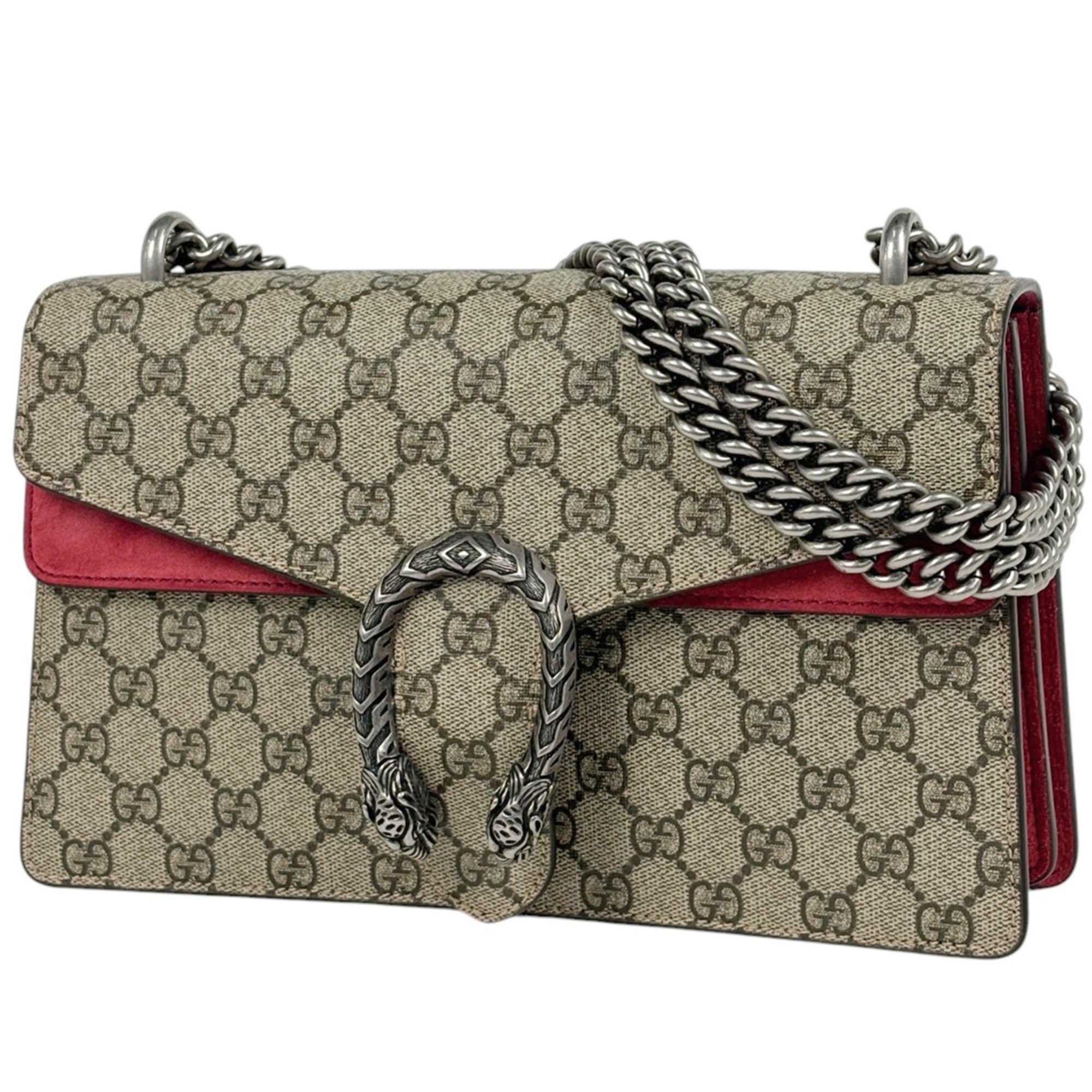 Gucci Beige Red Color Coated Canvas Suede Shoulder Bag (Pre-Owned)